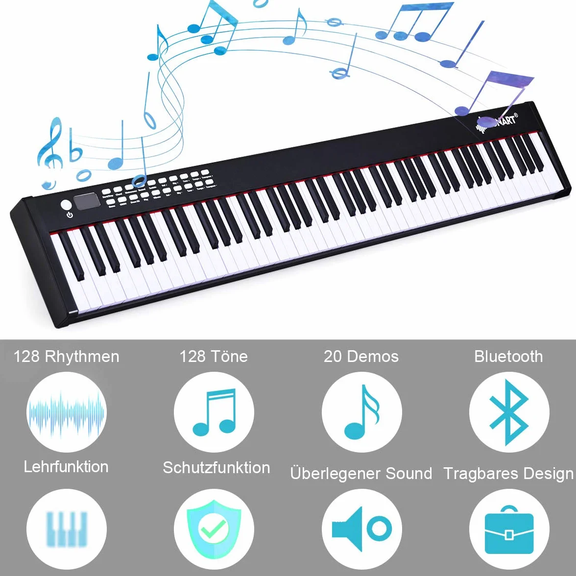 COSTWAY 88 klawiszy klawiatura dla dzieci, cyfrowy keyboard, fortepian elektryczny, 128 rytmów, 128 tonów, Bluetooth, głośnik, 20 demo, odpowiedni dla dzieci i dorosłych (czarny)