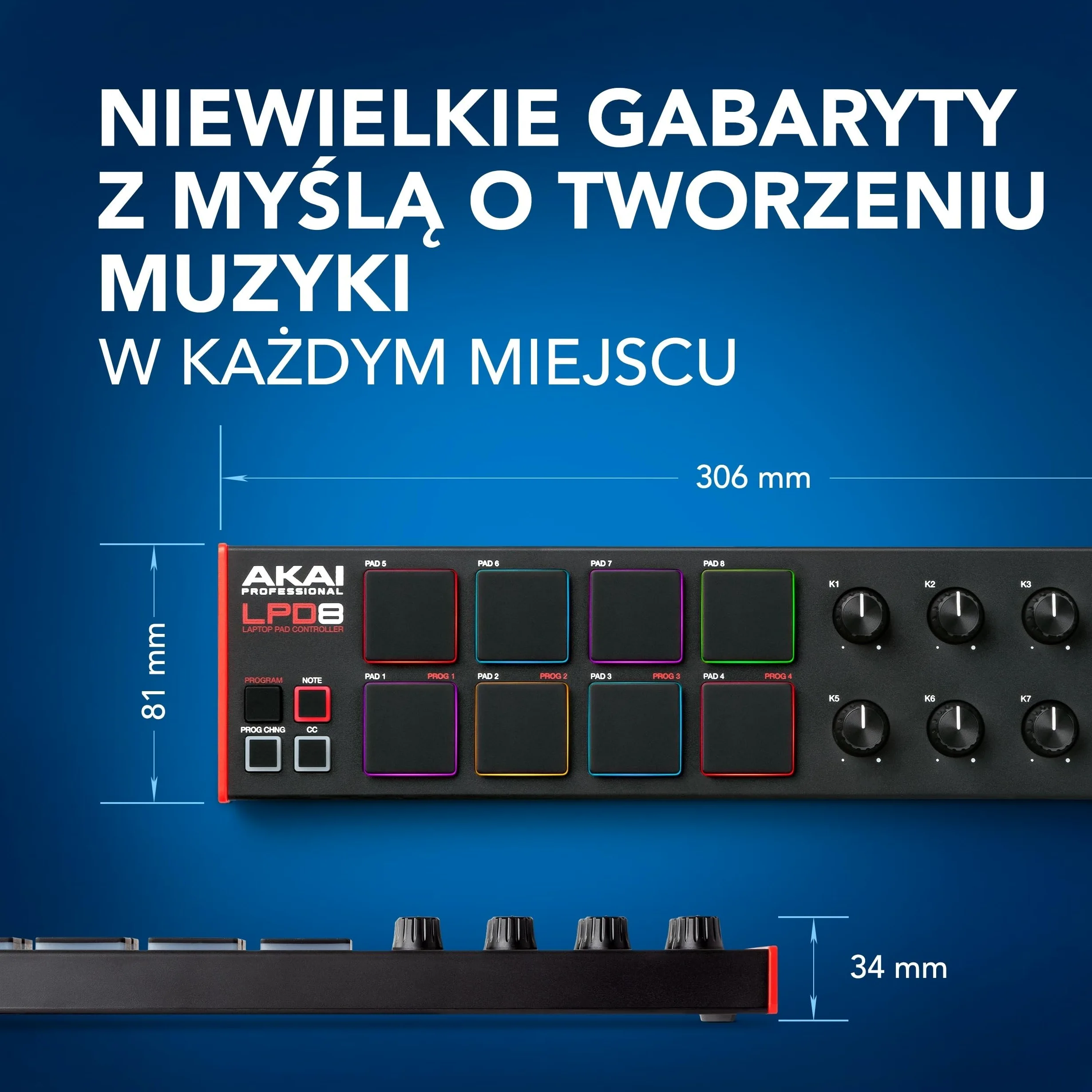 Akai Professional LPD8 - Kontroler USB MIDI z 8 Responsywnymi Padami Perkusyjnymi MPC (Mac i PC), 8 Pokrętłami i Programy do Produkcji Muzyki