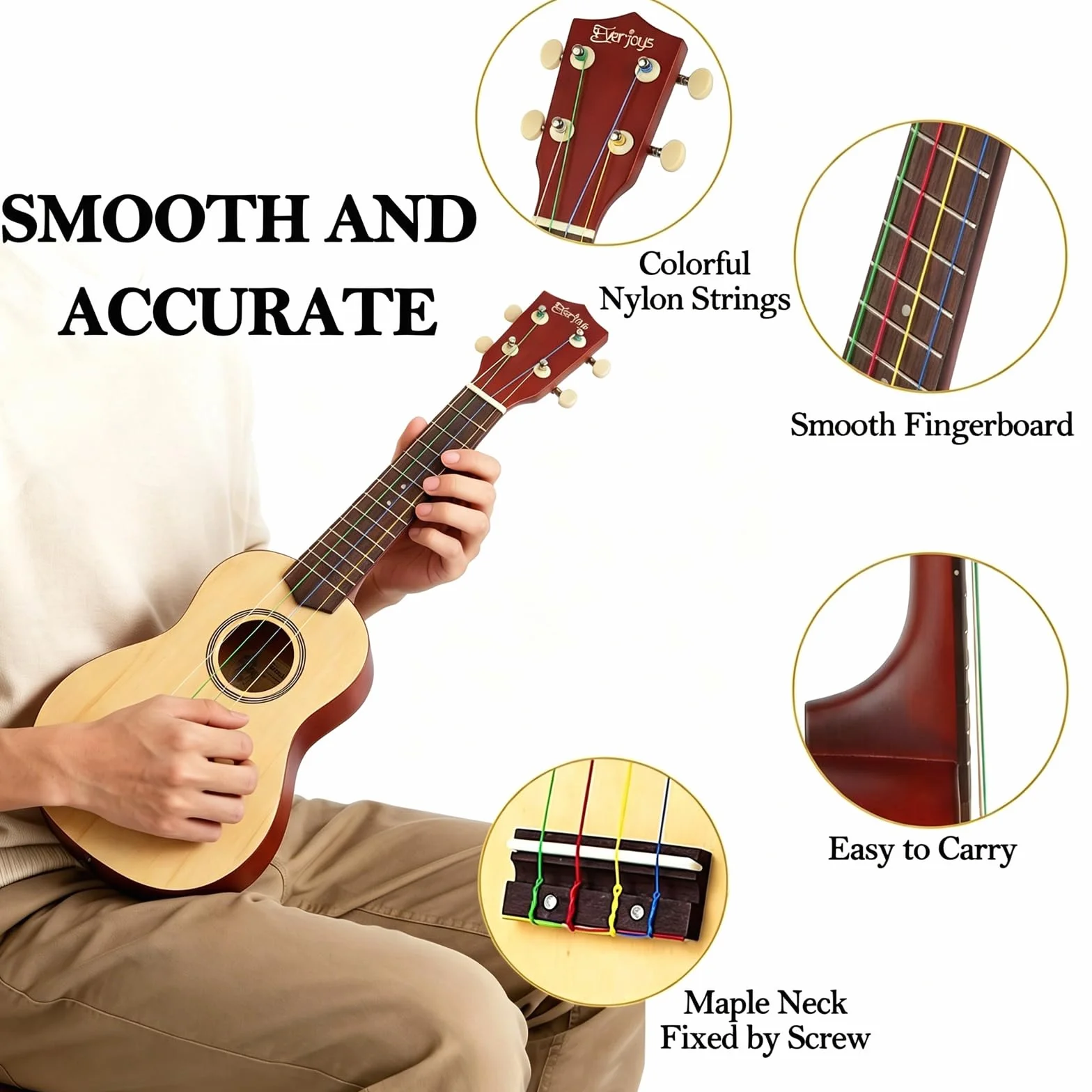Everjoys Ukulele sopranowe, zestaw startowy dla dzieci i dorosłych, 21 cali, z torbą, tunerem, piosenkami, strunami, pickiem, mała gitara hawajska, natura