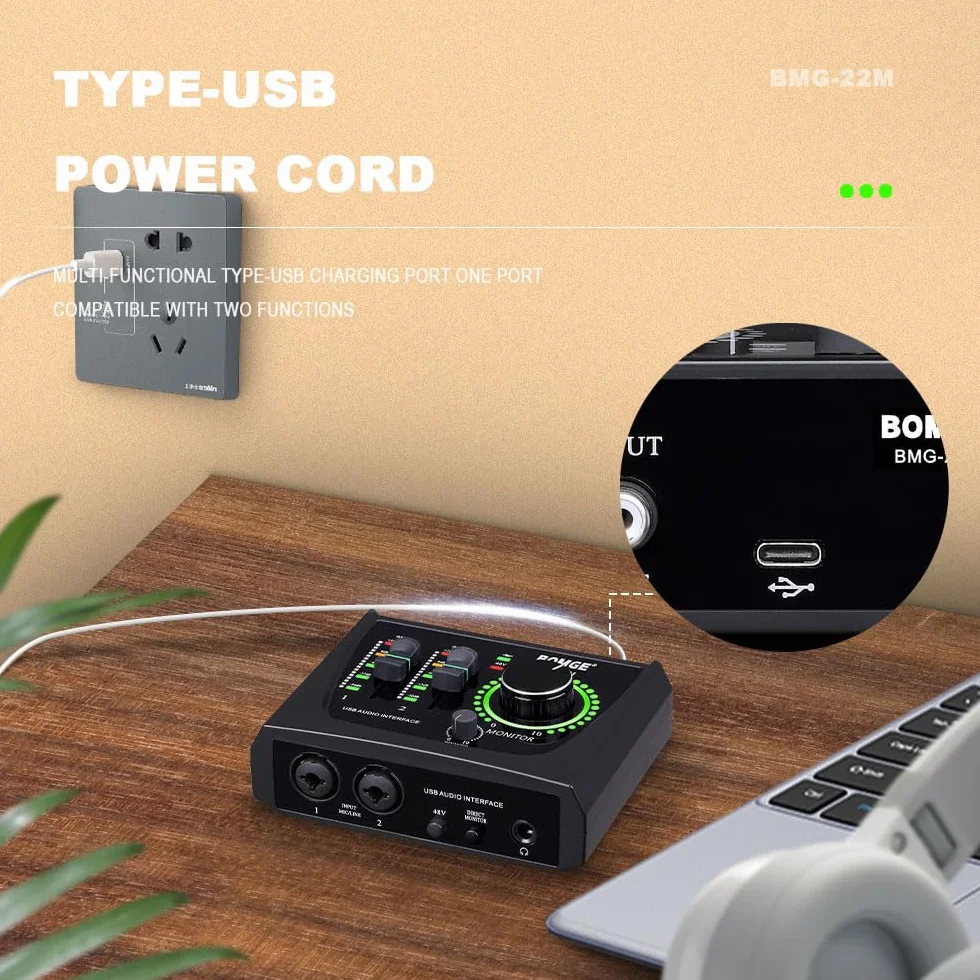 BOMGE mini 2-kanałowy interfejs audio USB do nagrywania, przesyłania strumieniowego i podcastingu, z zasilaniem fantomowym XLR/48 V, interfejs audio jakości studyjnej dla gitarzysty, wokalisty