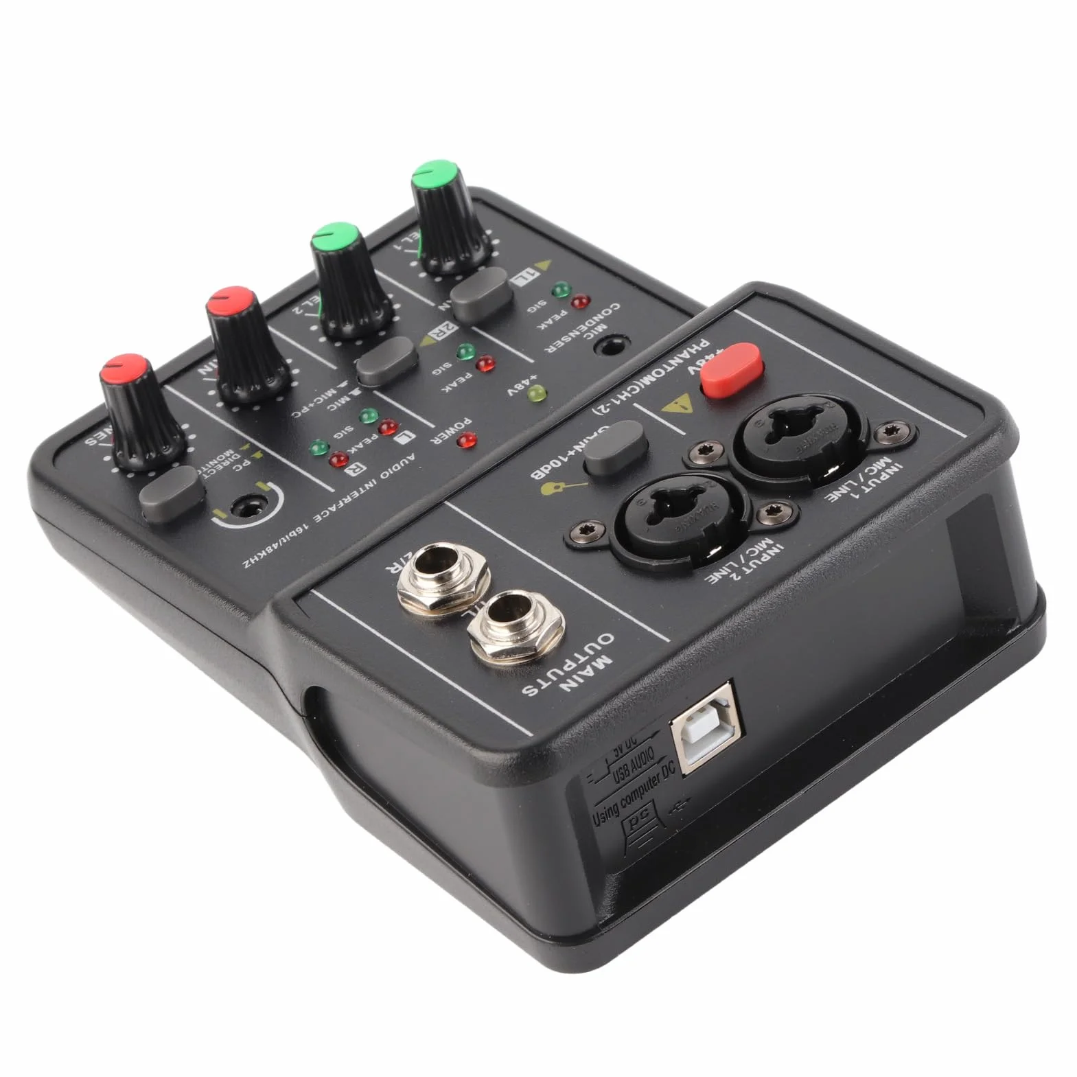 Mini mikser audio, 2-kanałowy mikser USB 48 V system zasilania konsola kompaktowy dźwięk fantom karta dźwiękowa do nagrywania muzyki karaoke dom internet biznes kanały plaża
