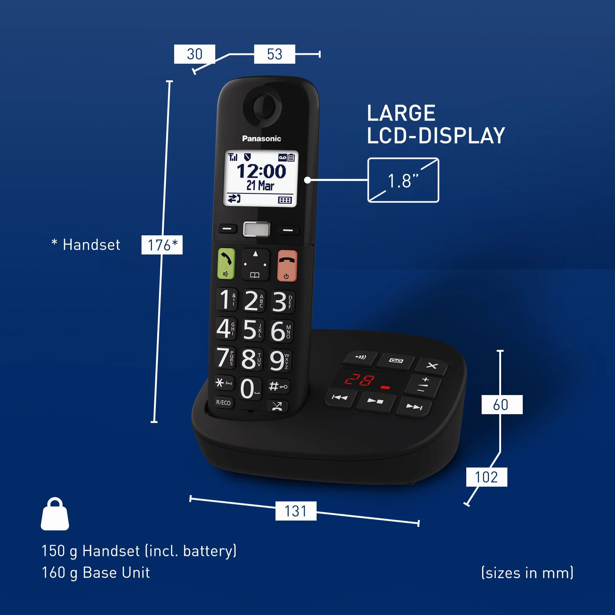 Panasonic KX-TGU130EXB Bezprzewodowy telefon cyfrowy z automatyczną sekretarką, jednostką podstawową i 1 słuchawką, wyświetlaczem LCD, dużymi klawiszami, ulubionymi połączeniami, kompatybilny z