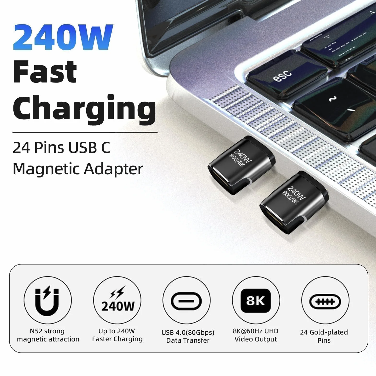 Adapter magnetyczny USB C - 2 sztuki 240 W Typ C Magnetyczne złącze 24-pinowy z prędkością transferu 80 gb/s nadaje się do laptopa, tabletu, telefonu komórkowego - kolor czarny