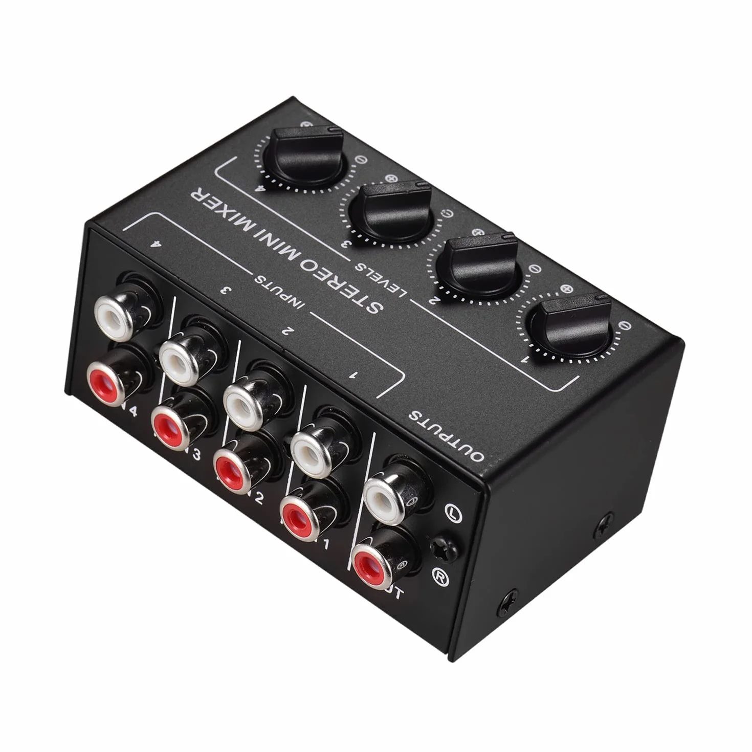 Mikser dźwięku mini stereo z 4-kanałowymi wejściami cinch, oddzielny regulator głośności, Full Metal Shell