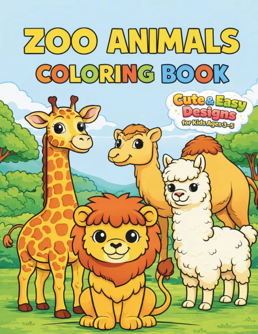 Zoo Animals Coloring Book: Cute and Easy Animal Designs for Kids Ages 3-5