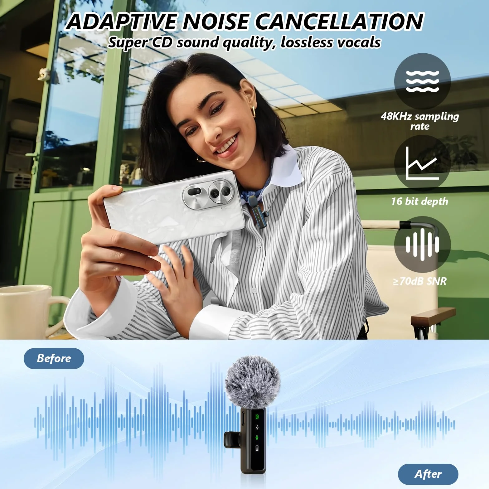 flintronic Bezprzewodowy mikrofon krawatowy iPhone Android iPad, mini mikrofon klapowy z redukcją szumów, mikrofon z klipsem, mini mikrofon, iPhone z USB-C do nagrywania wideo, vloga, TikTok, YouTube