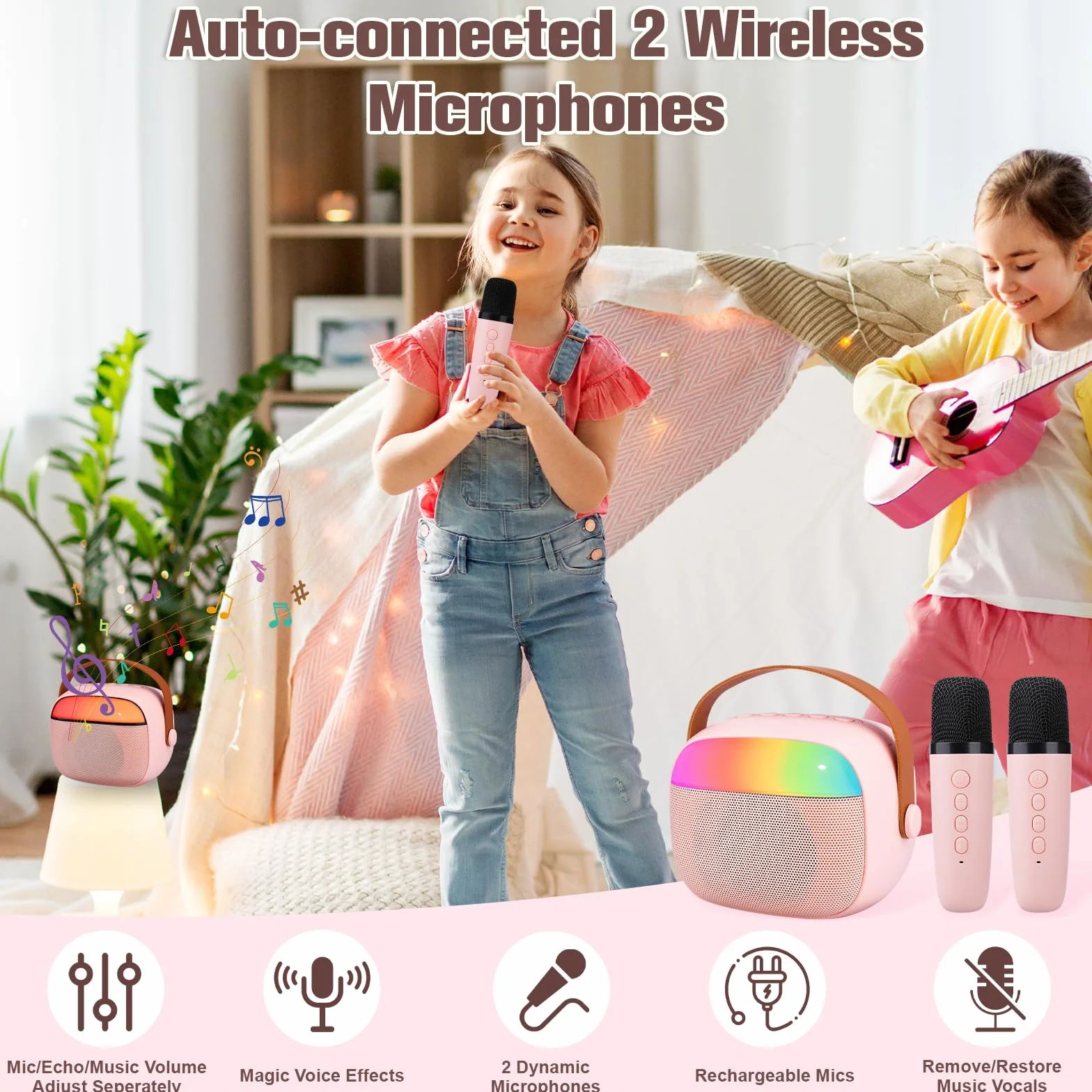 Maszyna Do Karaoke Dla Dzieci Z 2 Mikrofonami,Bezprzewodowy Głośnik Bluetooth,Z Efektami Zmiany Głosu I Diodami Led Prezent Dla Dziewczynek,Dla Dziewczynek W Wieku 3-12 Lat Prezent Urodzinowy