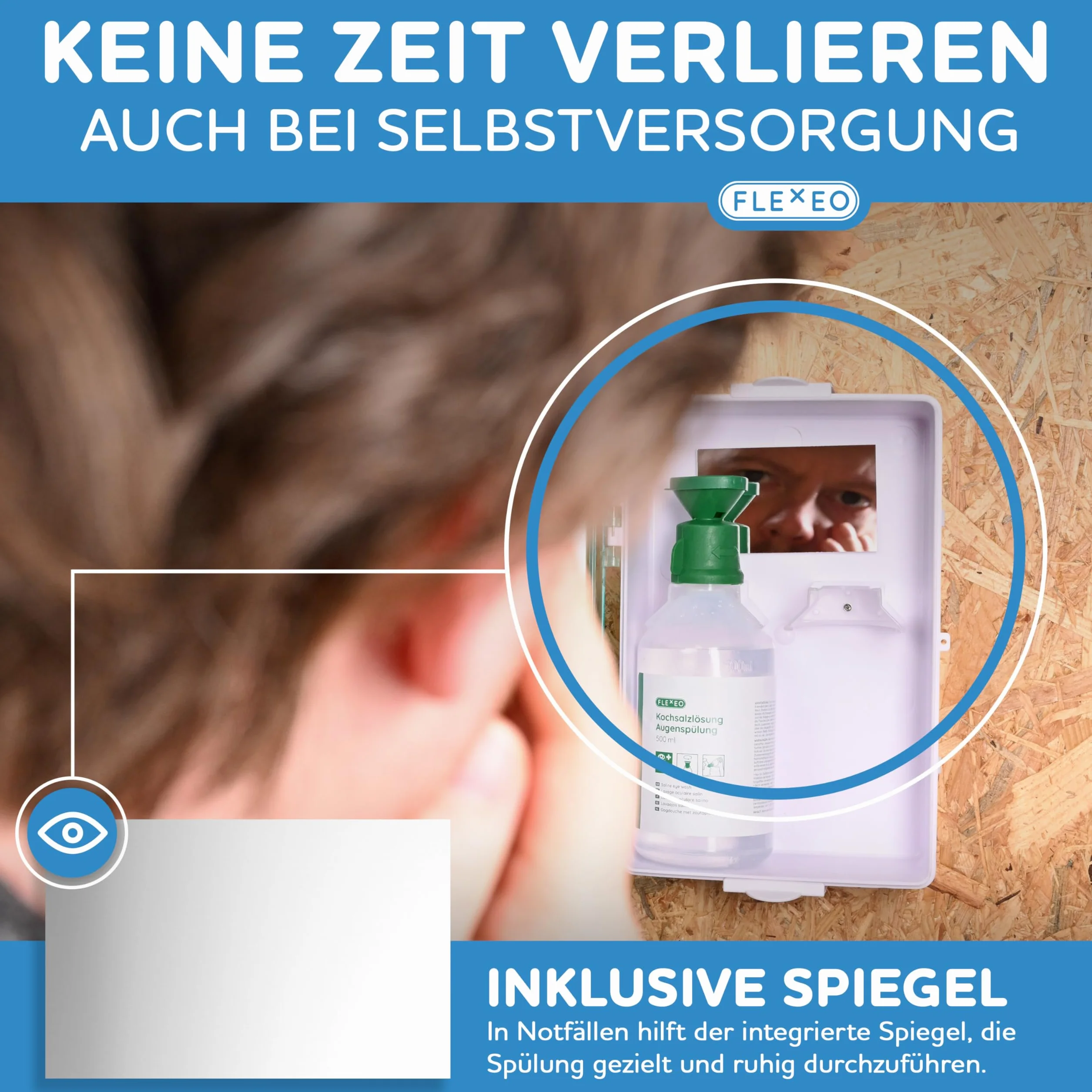 FLEXEO Stacja do płukania oczu w zestawie (1x 500 ml NaCl roztworu soli kuchennej + 1x 250 ml buforu fosforanowego) z uchwytem ściennym – płukanie oczu – prysznic oczu – sterylny NaCl roztwór do
