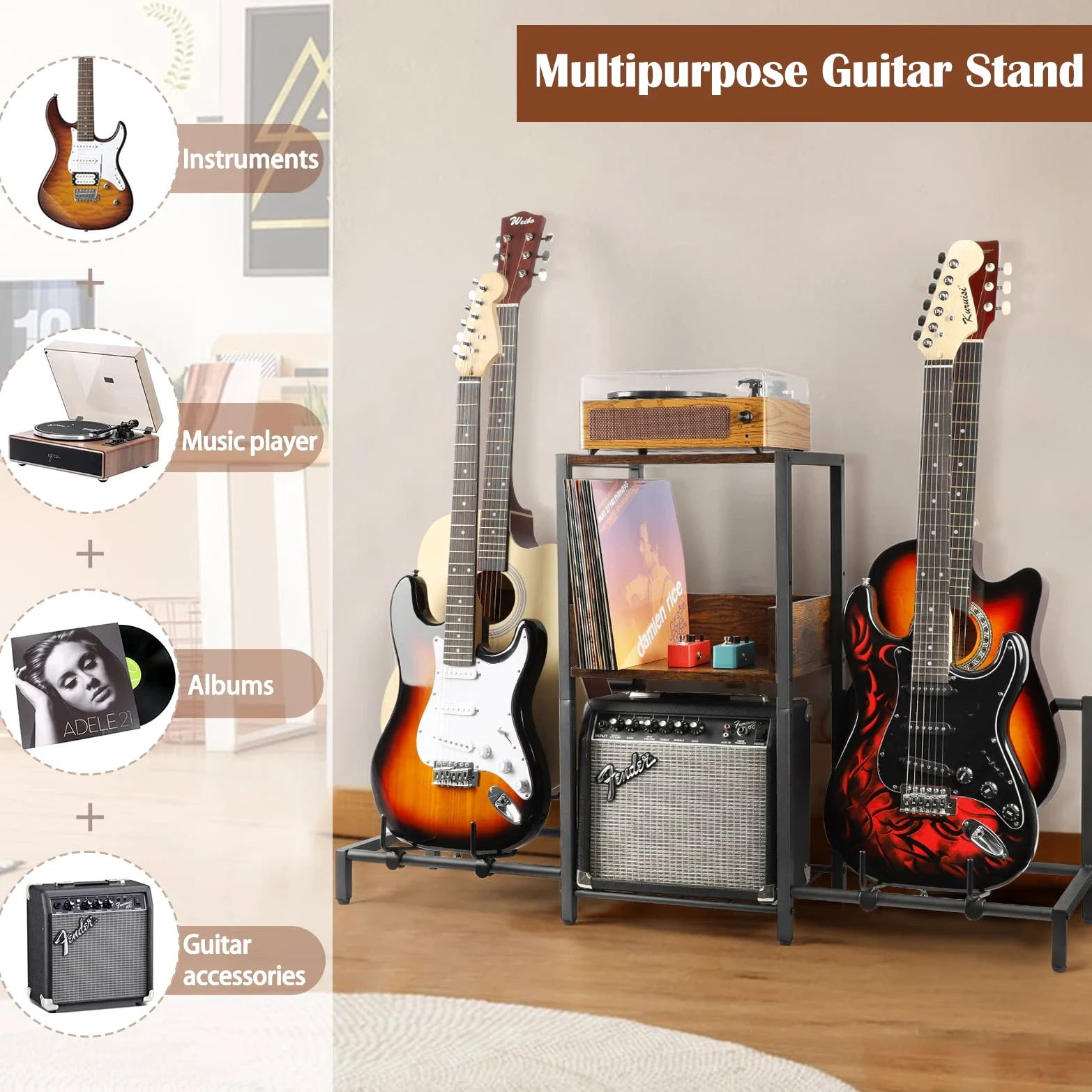 Stojak na Gitarę 4-poziomowy dla Akustycznej, Elektrycznej Gitary, Basu, Gitarowego Uchwytu na Podłogę Regulowaną dla Wielu Gitar, Akcesoriów Gitarowych, Wyświetlacza Gitar