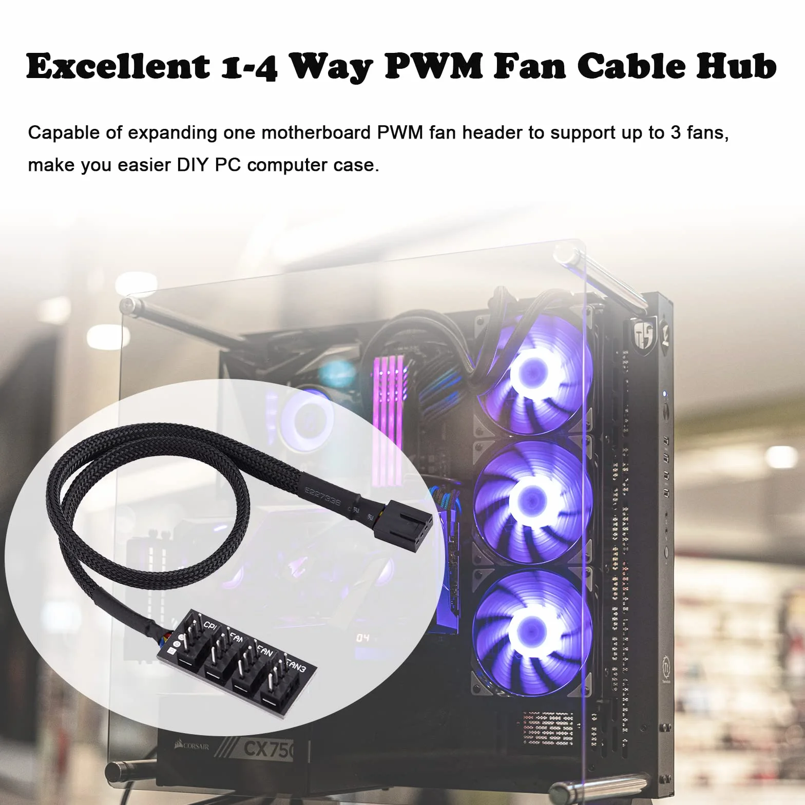 4-pinowy rozgałęźnik wentylatora PC - męski PWM Fan Hub kabel zasilający do wentylatora PC Cooling 38 cm Złącze wielofunkcyjny kabel przedłużający wentylatora 4-pinowy / 3-pinowy