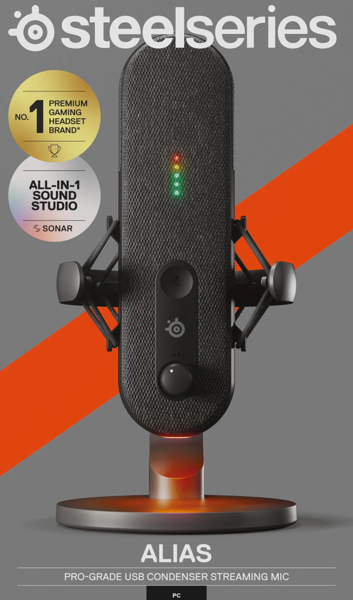 SteelSeries Alias Mikrofon USB do komputera PC — 3 razy większa kapsuła do gier, streamingu i podcastów — Redukcja szumów SI — Dioda LED monitorowania poziomu i wyciszenia — Kosz antywibracyjny