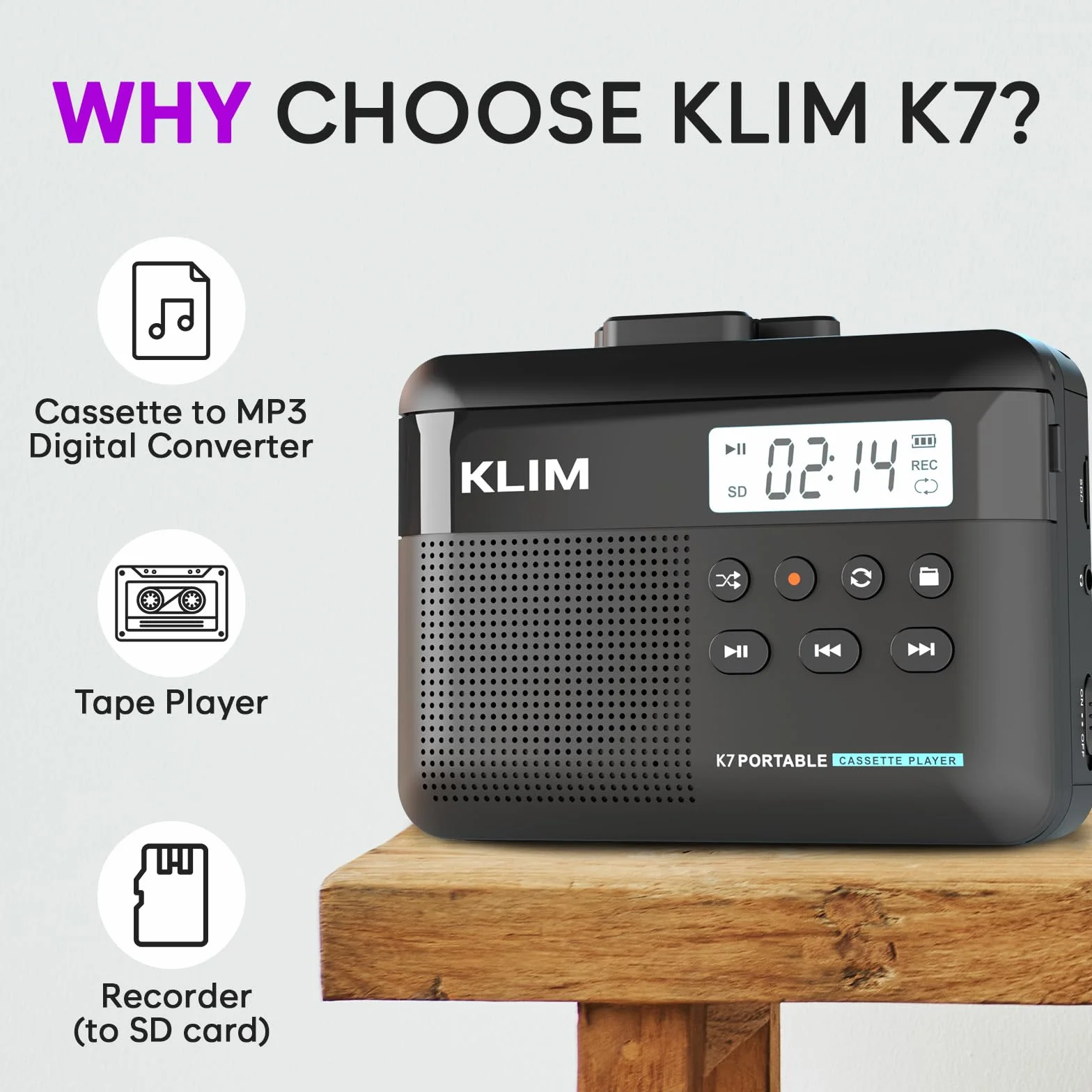 Odtwarzacz kasetowy Walkman KLIM K7 - odtwarzacz kasetowy - konwerter kasety audio na MP3 - wbudowany mikrofon i głośnik - akumulator - słuchawki - karta SD 8 GB