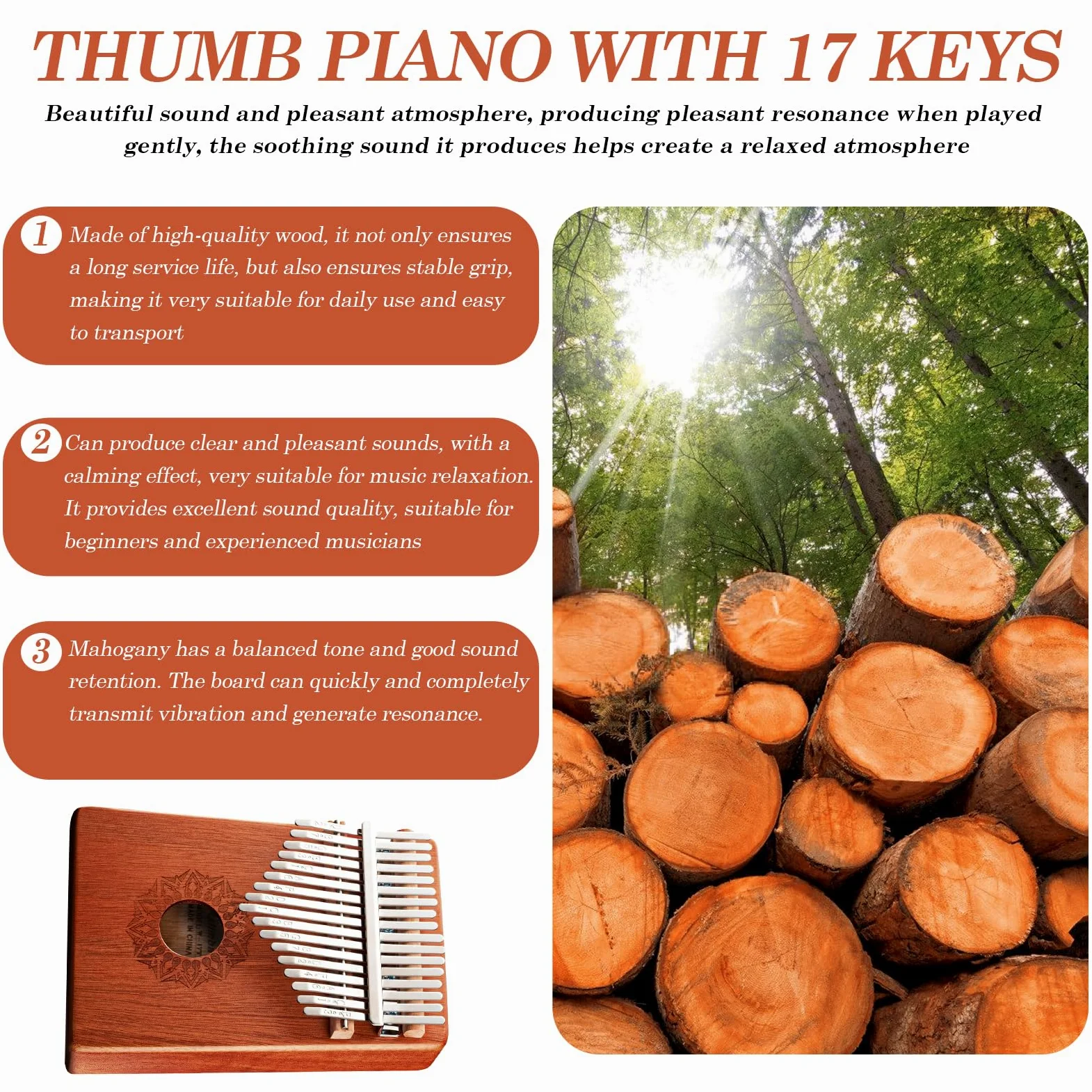 Kalimba pianino na kciuk, 17 kluczy: profesjonalny instrument kalimba z pakietem do nauki, instrumentem do nauki i instrumentem muzycznym, dla dzieci, dorosłych i miłośników muzyki