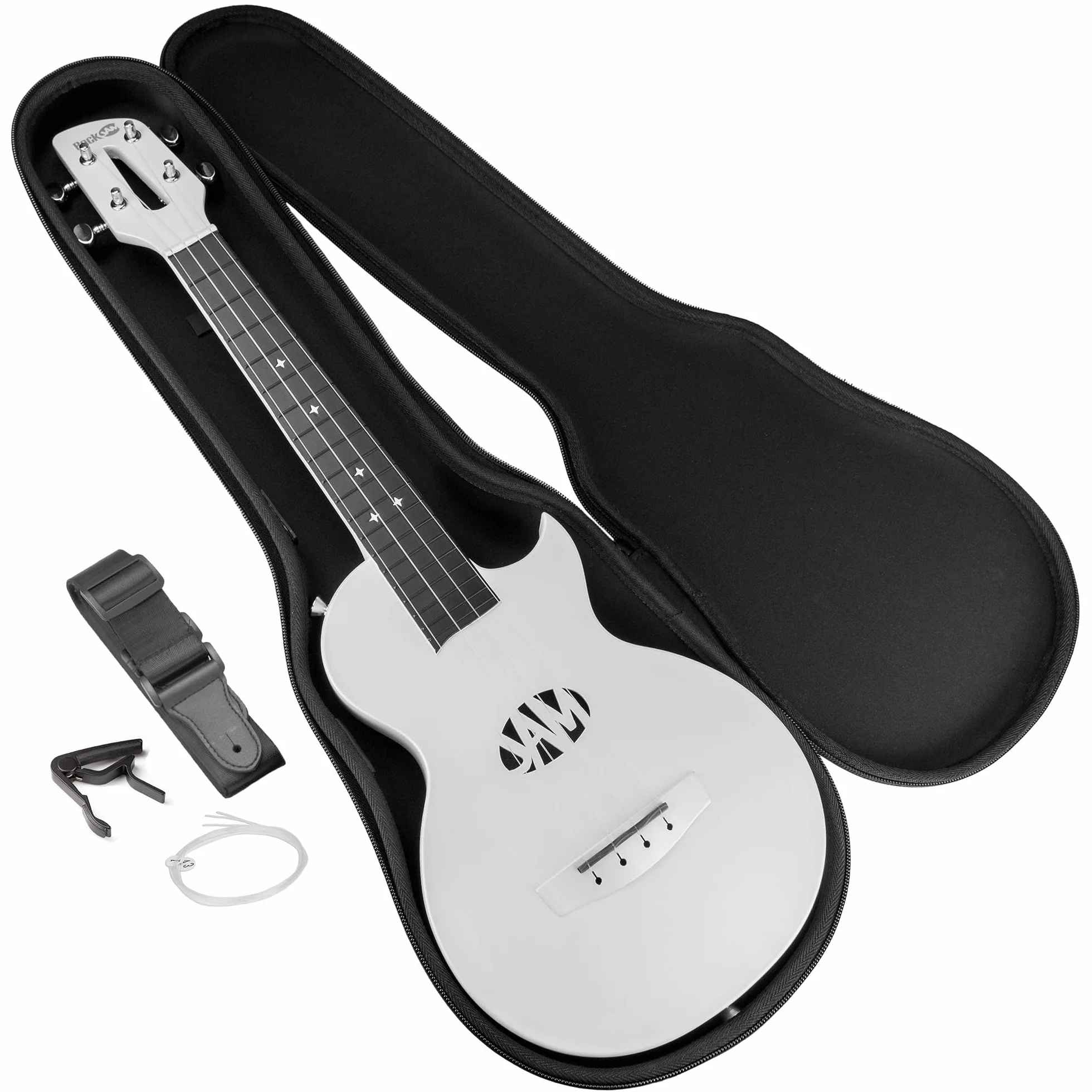 RockJam Ukulele z włókna węglowego z etui, kapodanem i paskiem - białe