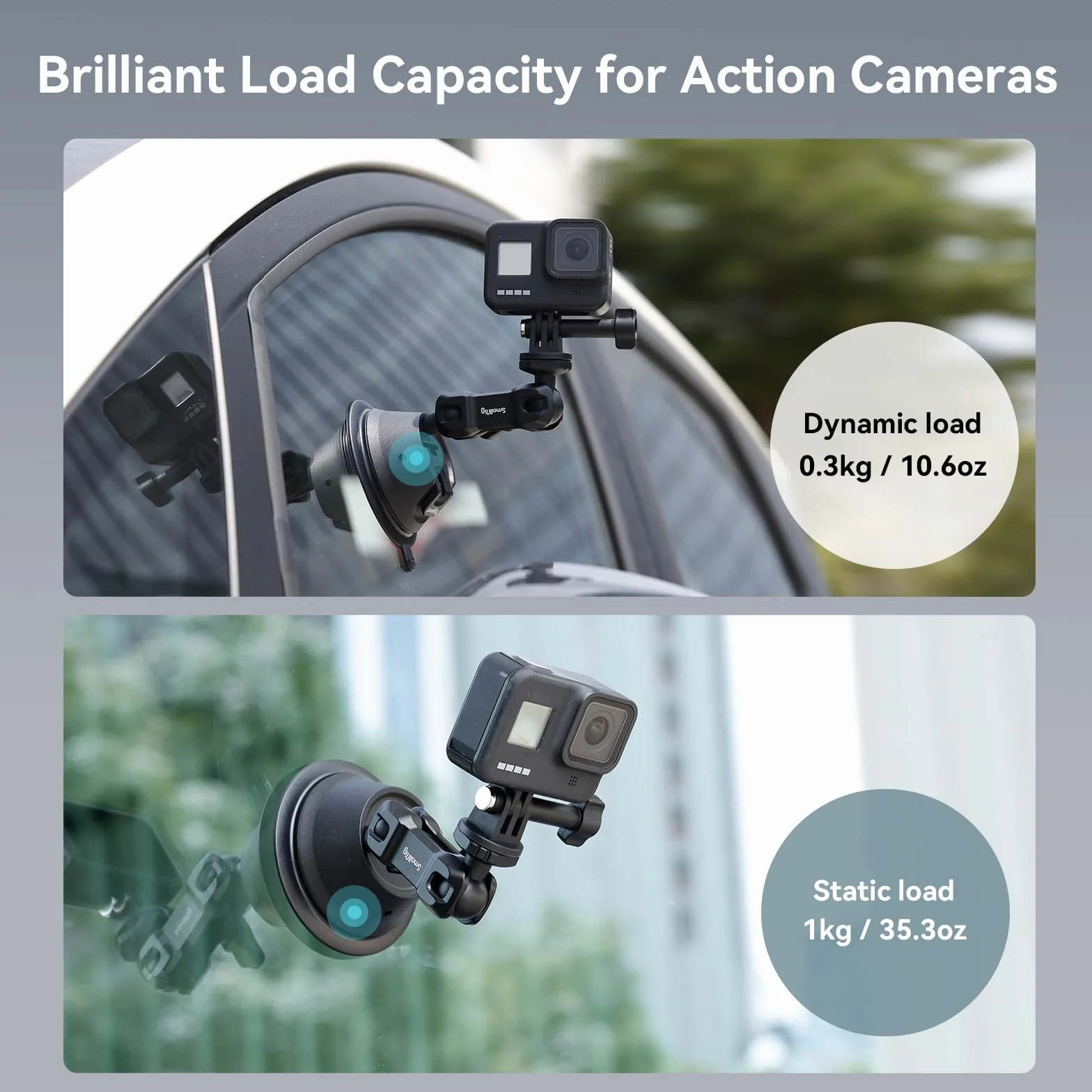 SMALLRIG Dwuwarstwowy Uchwyt z Przyssawką dla GoPro Hero 11/10/9, dla DJI Osmo Action/Procket, dla Insta360 X3, Podwójna Głowica Kulowa, Obrót o 360°, Montaż na Szybie Samochodu lub Oknie SC-1K -4193