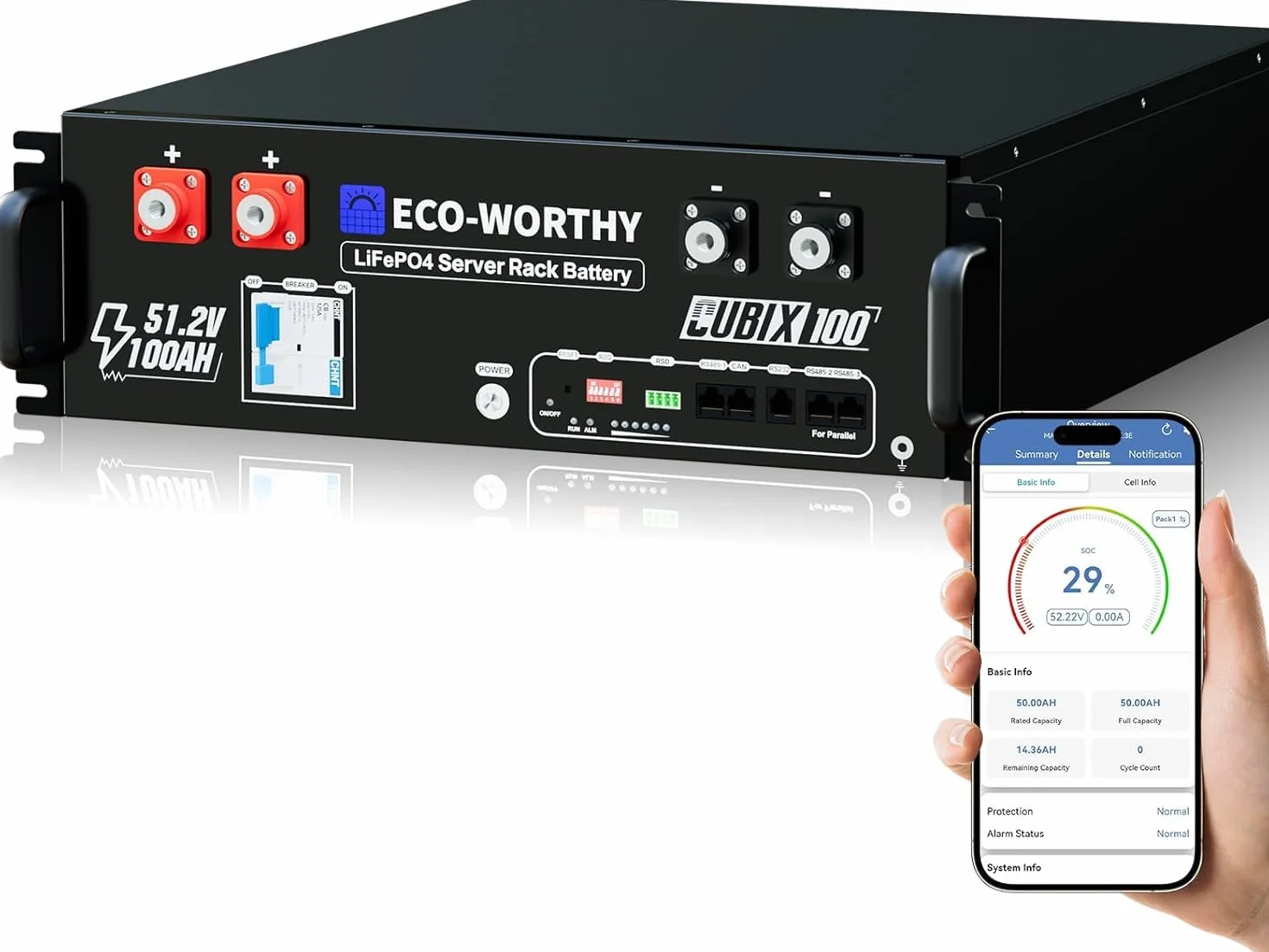 ECO-WORTHY LiFePO4 48 V 100 Ah Bluetooth z baterią litową 100 A BMS 5,12 kWh 48 V, szafa serwerowa, bateria solarna do instalacji solarnych, kompletny zestaw, instalacja fotowoltaiczna, IEC 62619