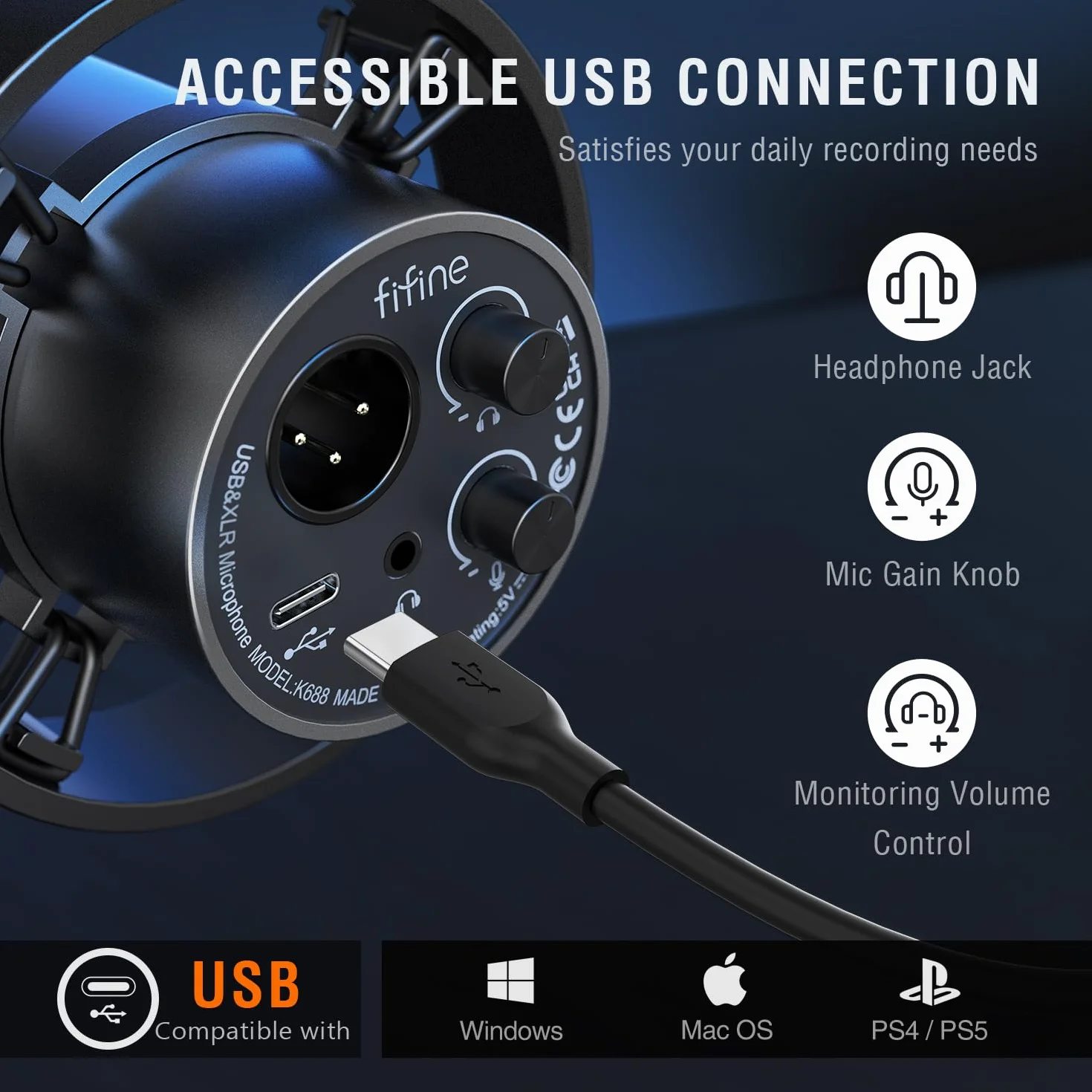 Fifine XLR Dynamiczny mikrofon studyjny, mikrofon USB do P,C do strumieniowego przesyłania podcastów z gier, do kart dźwiękowych, PS4/5, Mac, miksera