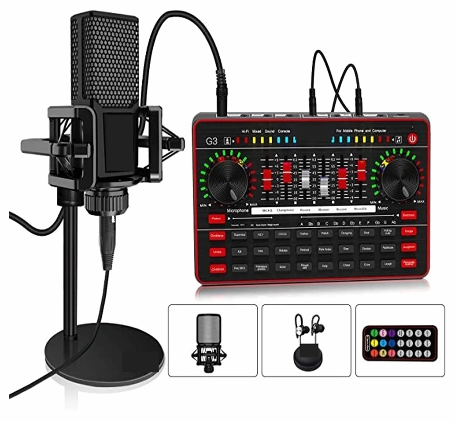 Sprzęt do podcastów, Karta dźwiękowa Mikrofon Audio Zestaw słuchawkowy USB Transmisja internetowa Interfejs karty dźwiękowej na żywo Zewnętrzna karta dźwiękowa USB do śpiewania(G3 With L9 Black)
