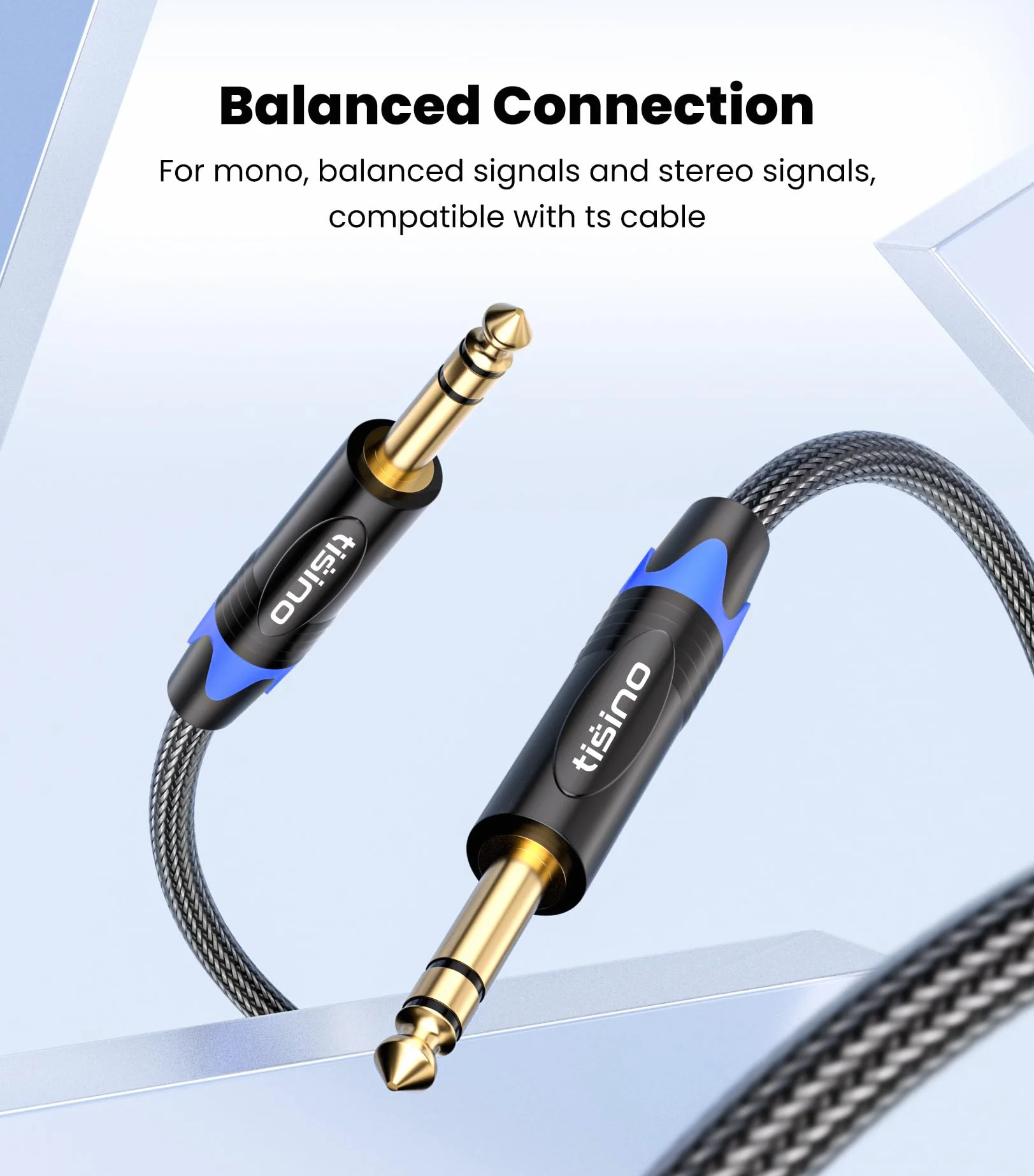 Tisino Kabel TRS 6,35 mm męski na męski, zbalansowany kabel audio jack 1/4 cala, nylonowy oplot, pozłacane złącza, do monitorów studyjnych, miksera, wzmacniacza, gitary, basu i keyboardu-2m