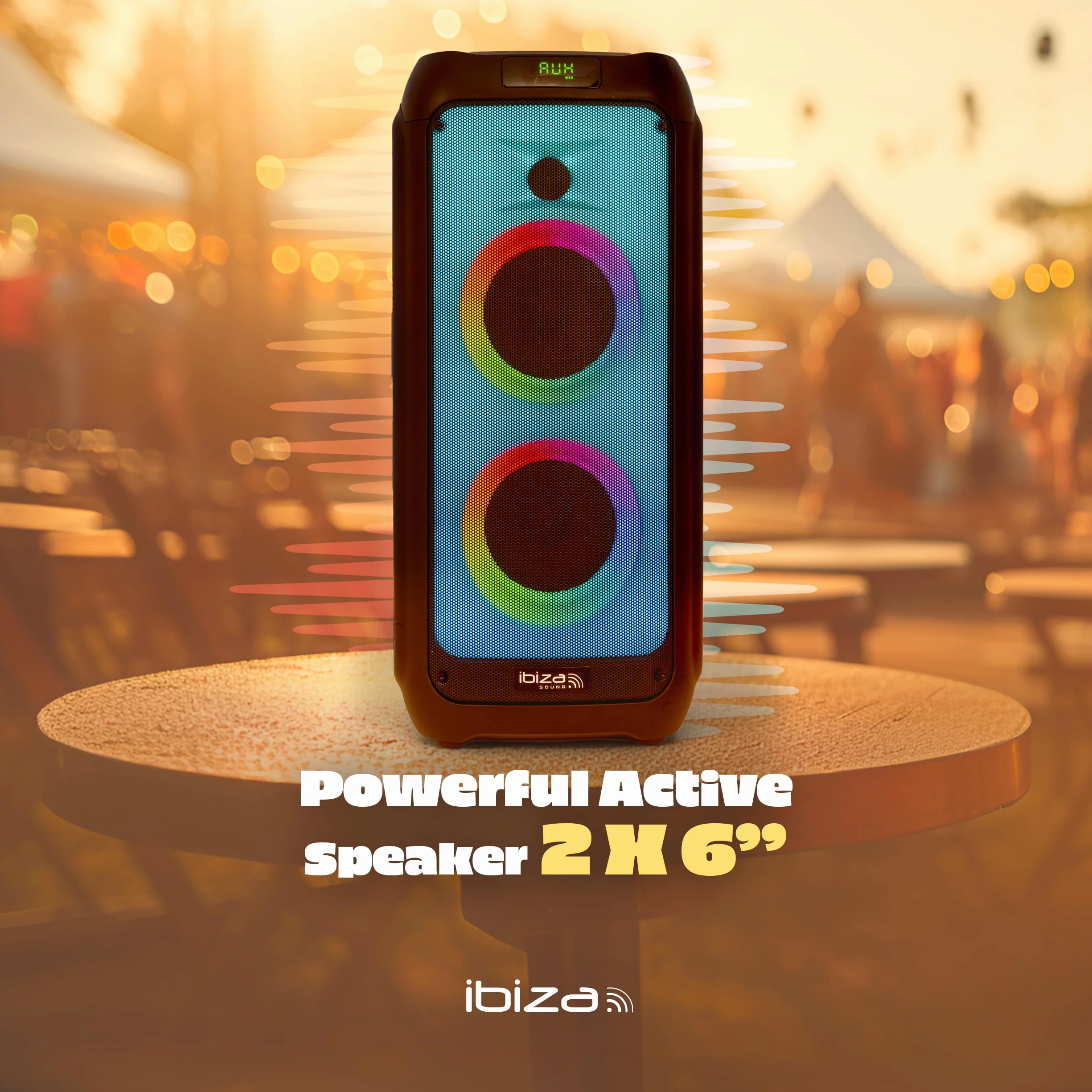 Ibiza - WAVE6 - Głośnik akumulatorowy 250W/2x5,25" z Bluetooth, USB i microSD - Efekt WAVE LED i bezprzewodowe połączenie TWS - Czarny
