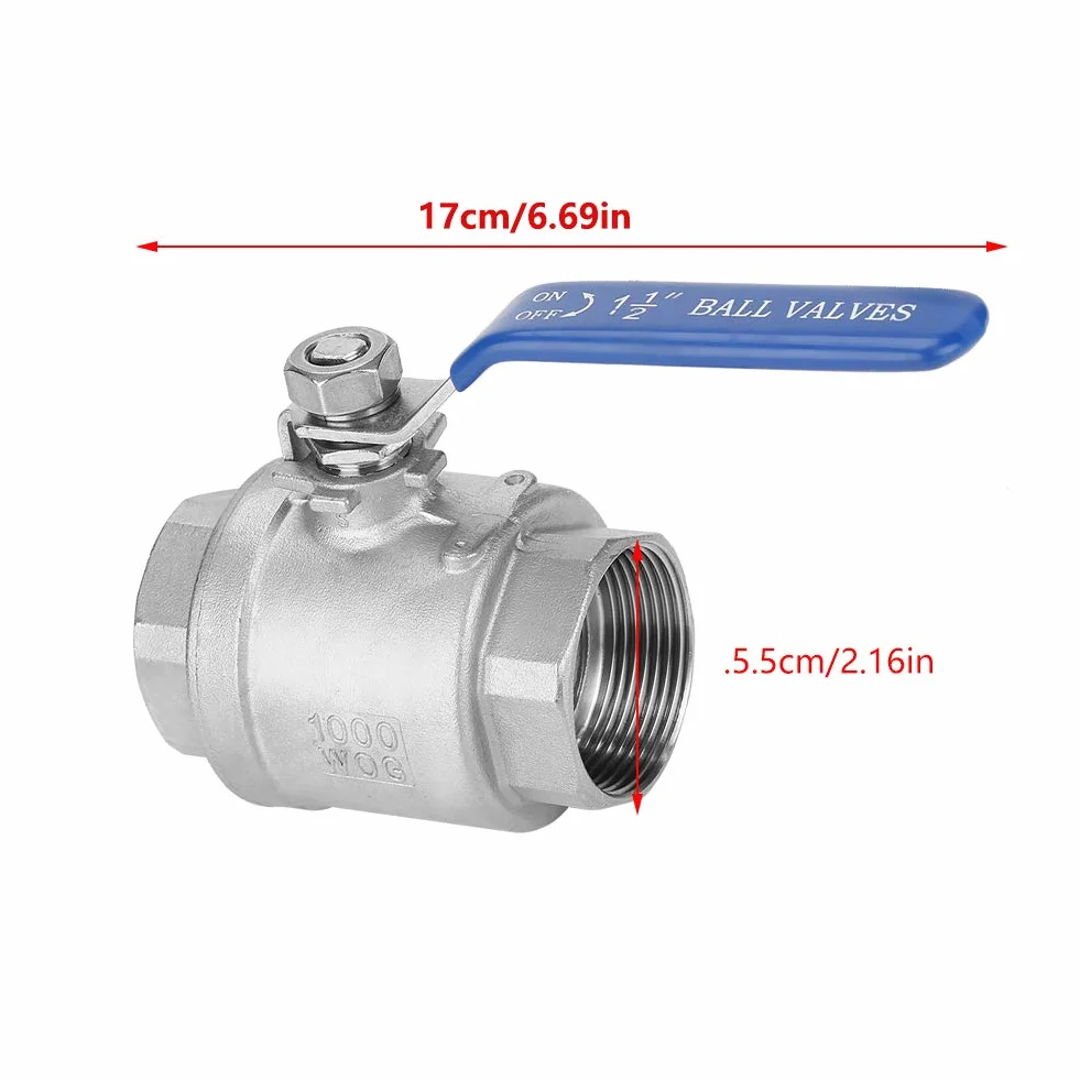 Dwuczęściowy, Pełny Port żeński, 2 Nierdzewny Zawór Kulowy Zawór Kulowy Gwintowany 1-1/2 "DN40 1000 WOG 304 Stal Nierdzewna z Wytrzymałym Niebieskim Uchwytem Izolacyjnym z Winylu