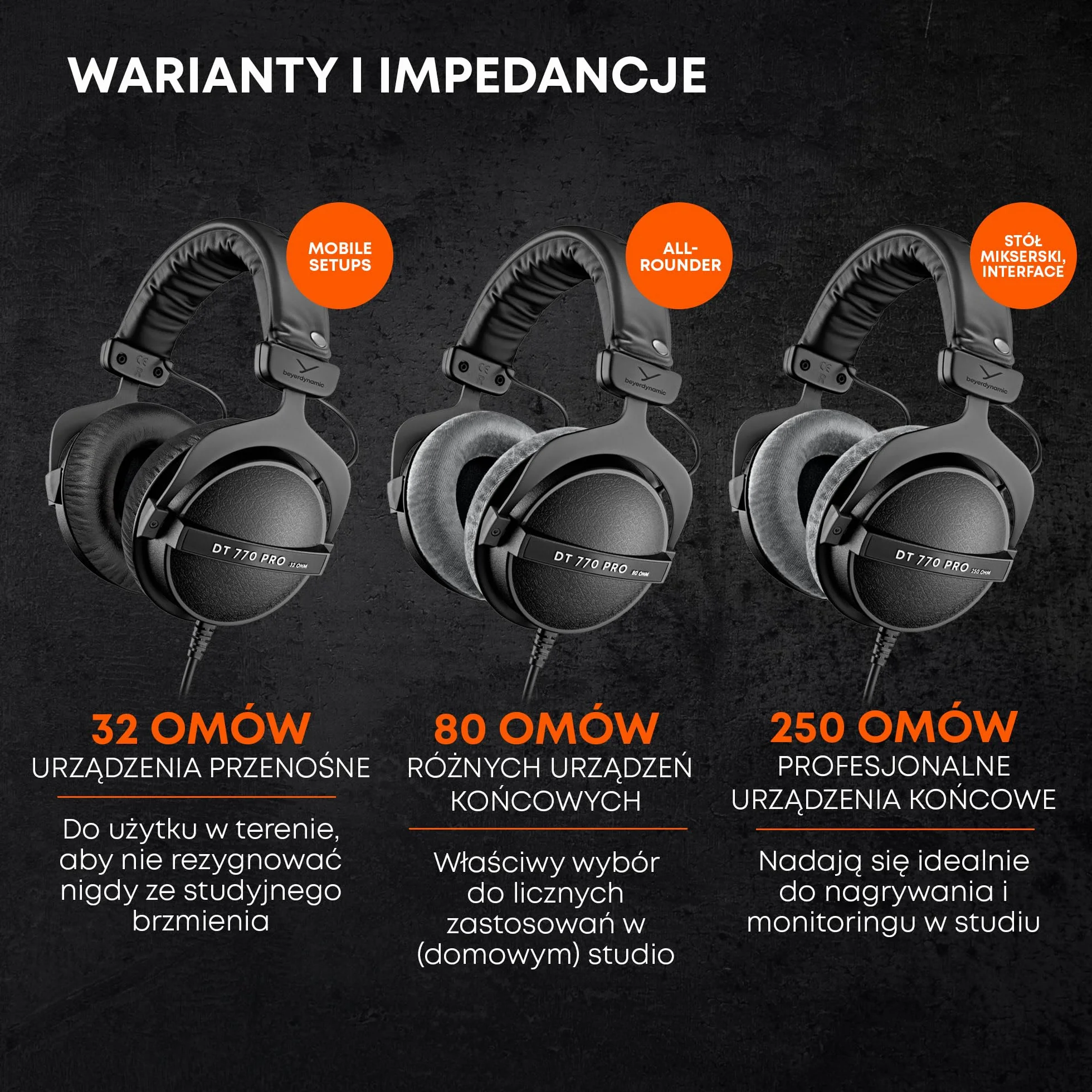 beyerdynamic DT 770 PRO 250 Ohm, nauszne słuchawki studyjne w kolorze czarnym. Zamknięta konstrukcja, przewodowe, idealne do studia i miksowania.