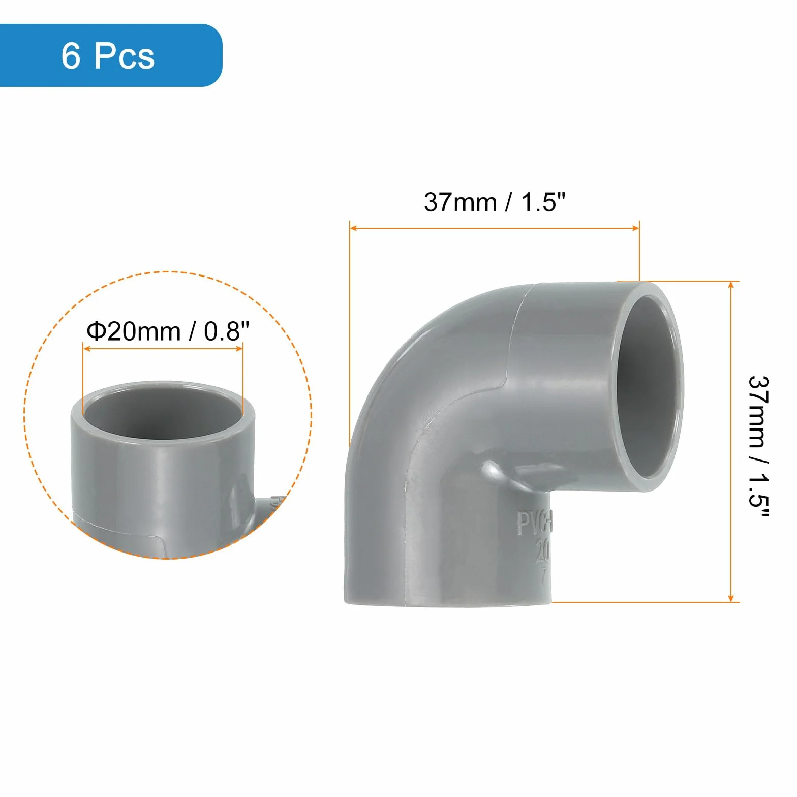 QUARKZMAN 20 mm, 6 sztuk złączek rurowych z PCW, 90 stopni, złącze redukcyjne, złączka rurowa, złącze rurowe, adapter do ogrodu, gospodarstwa rolnego, nawadniania, armatury wodnej, kolor szary
