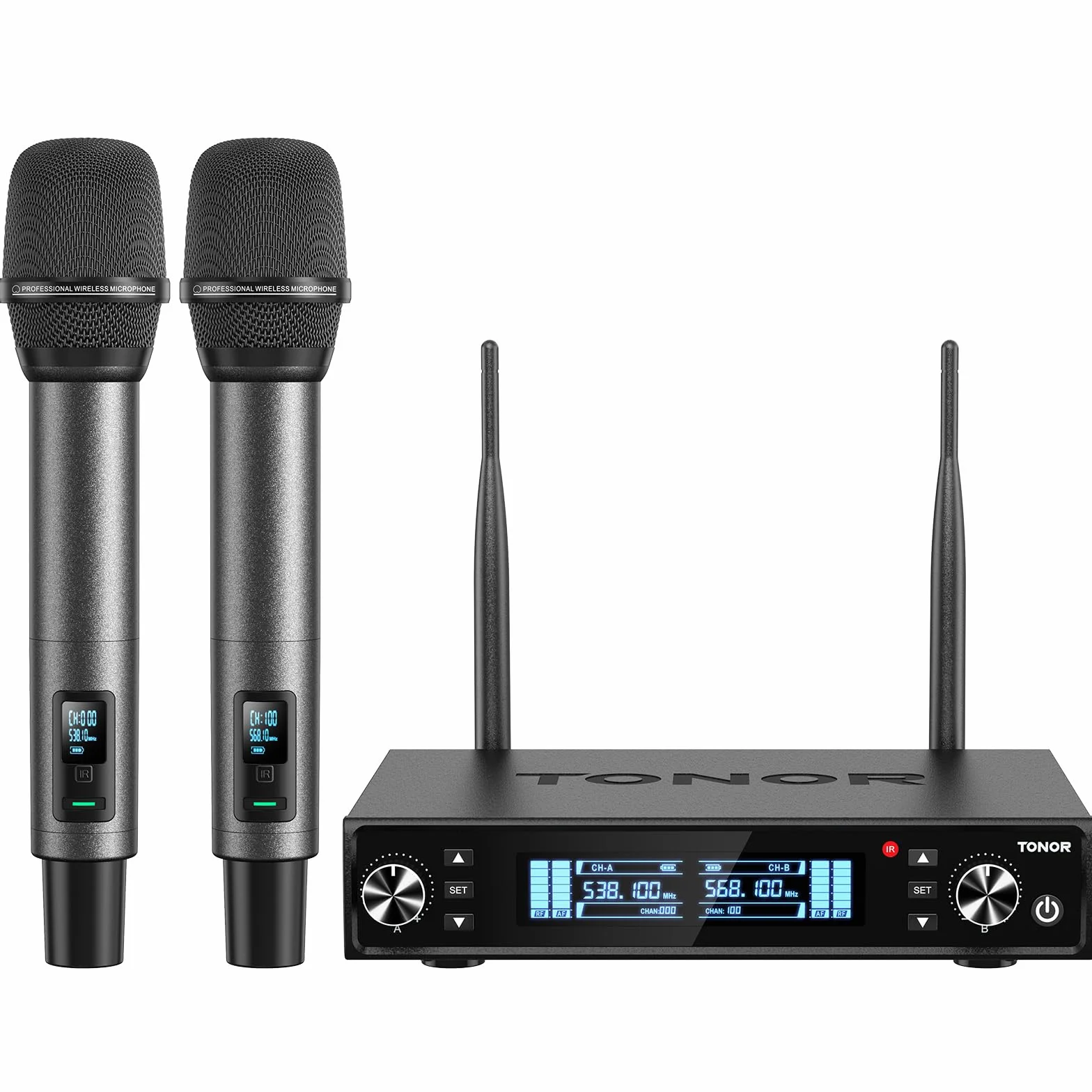 TONOR Bezprzewodowy System Mikrofon Ręczny Inalambrico, Zasięg UHF 80m, 2 * 100 Mikrofony Stabilną Transmisją Karaoke, Slub, Impreza, Kościół, Czytanie, Regulowana Głośność, Szybkie Wyciszenie, TW520