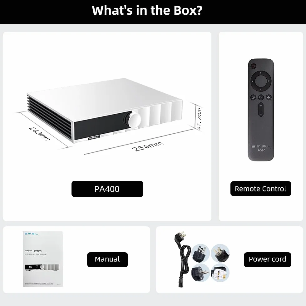 SMSL PA400 GaN wzmacniacz mocy stereo 1 MHz wzmacniacz audio Hi-Fi z wejściem XLR/RCA, chipem PGA2311 stereo i monofonicznym systemem audio AMP Hi-Res z pilotem zdalnego sterowania