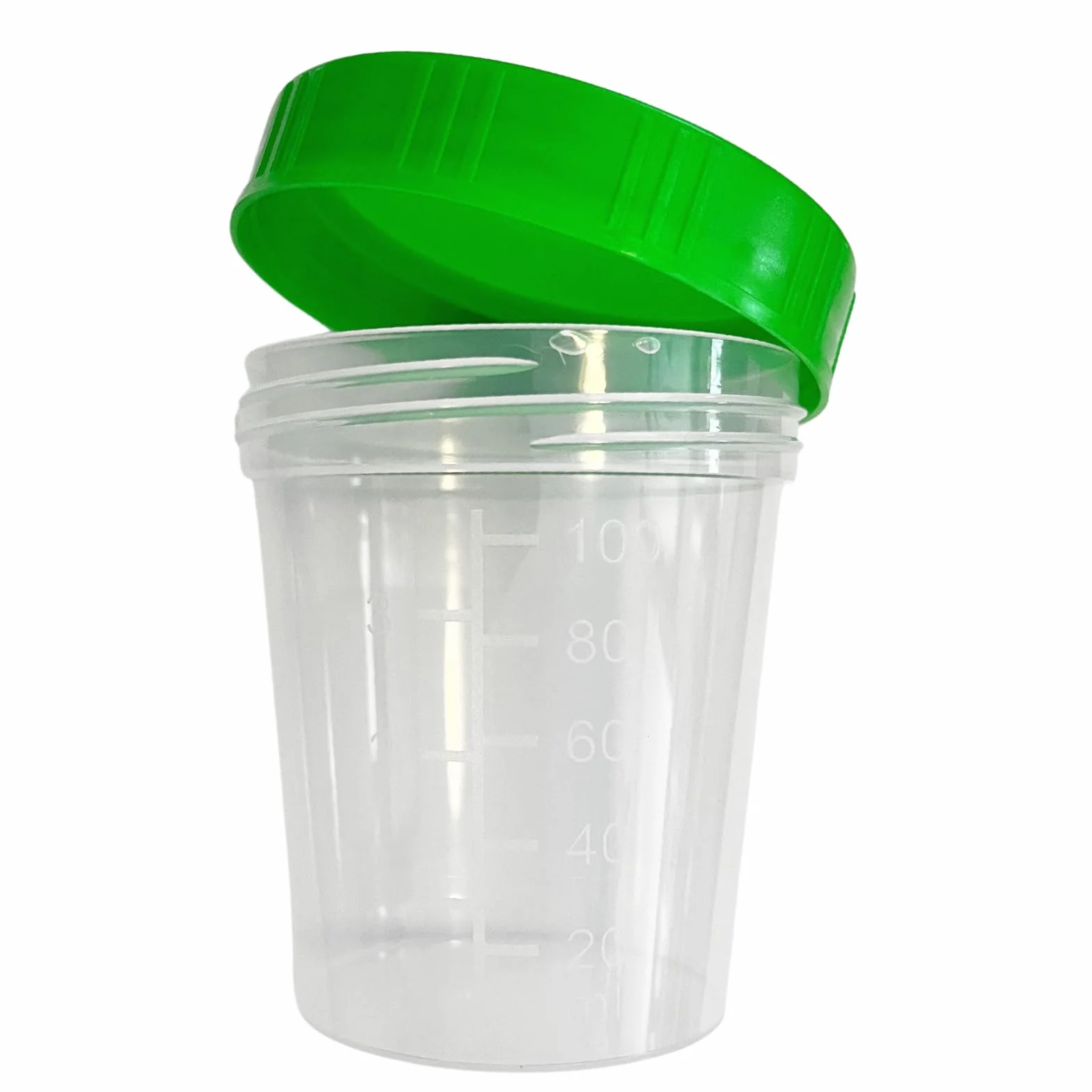 Wysokiej jakości kubek do moczu, pojemność 125 ml, z podziałką do 100 ml, szczelny, odporny na zamrażanie, z zieloną zakrętką, (10)