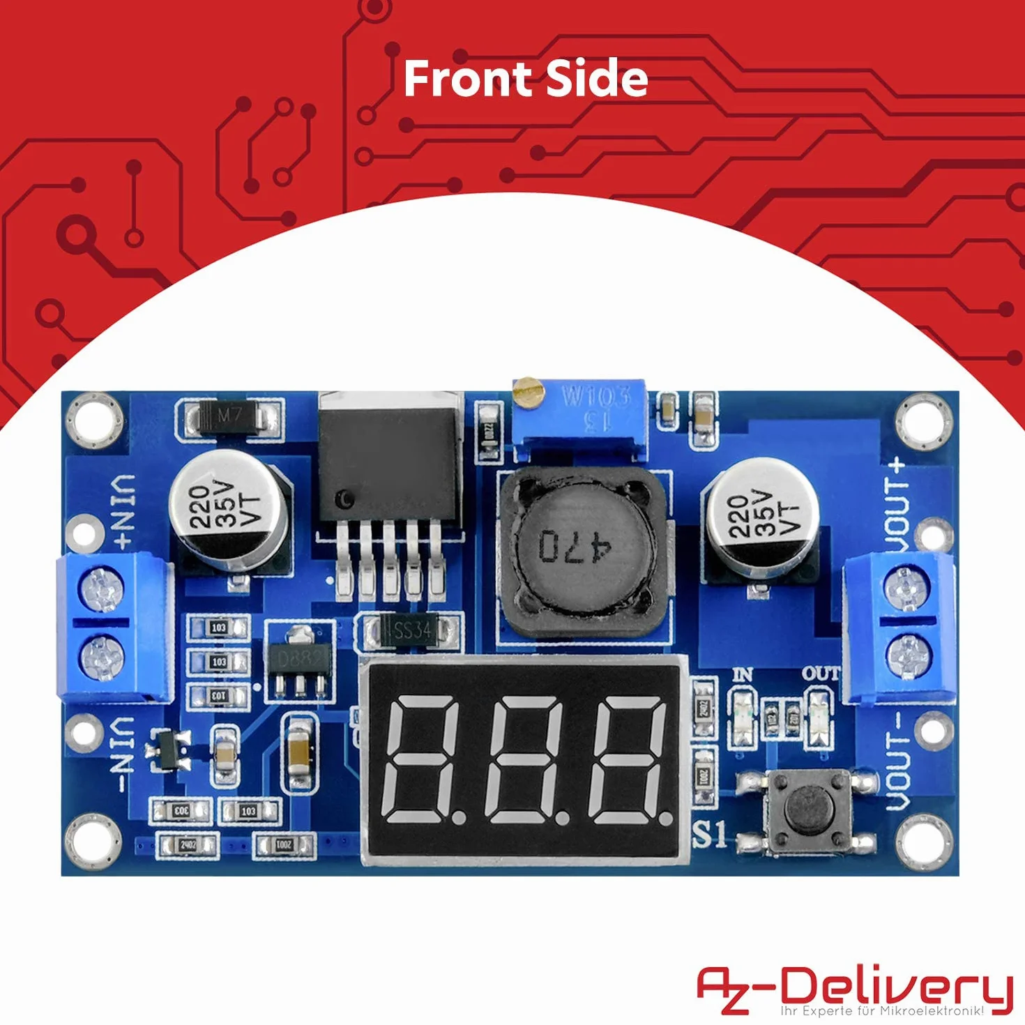 AZDelivery LM2596S step-down DC-DC buck converter moduł dla 4-40V do 3,3-24V z 3-cyfrowym wyświetlaczem cyfrowym i E-book w zestawie!