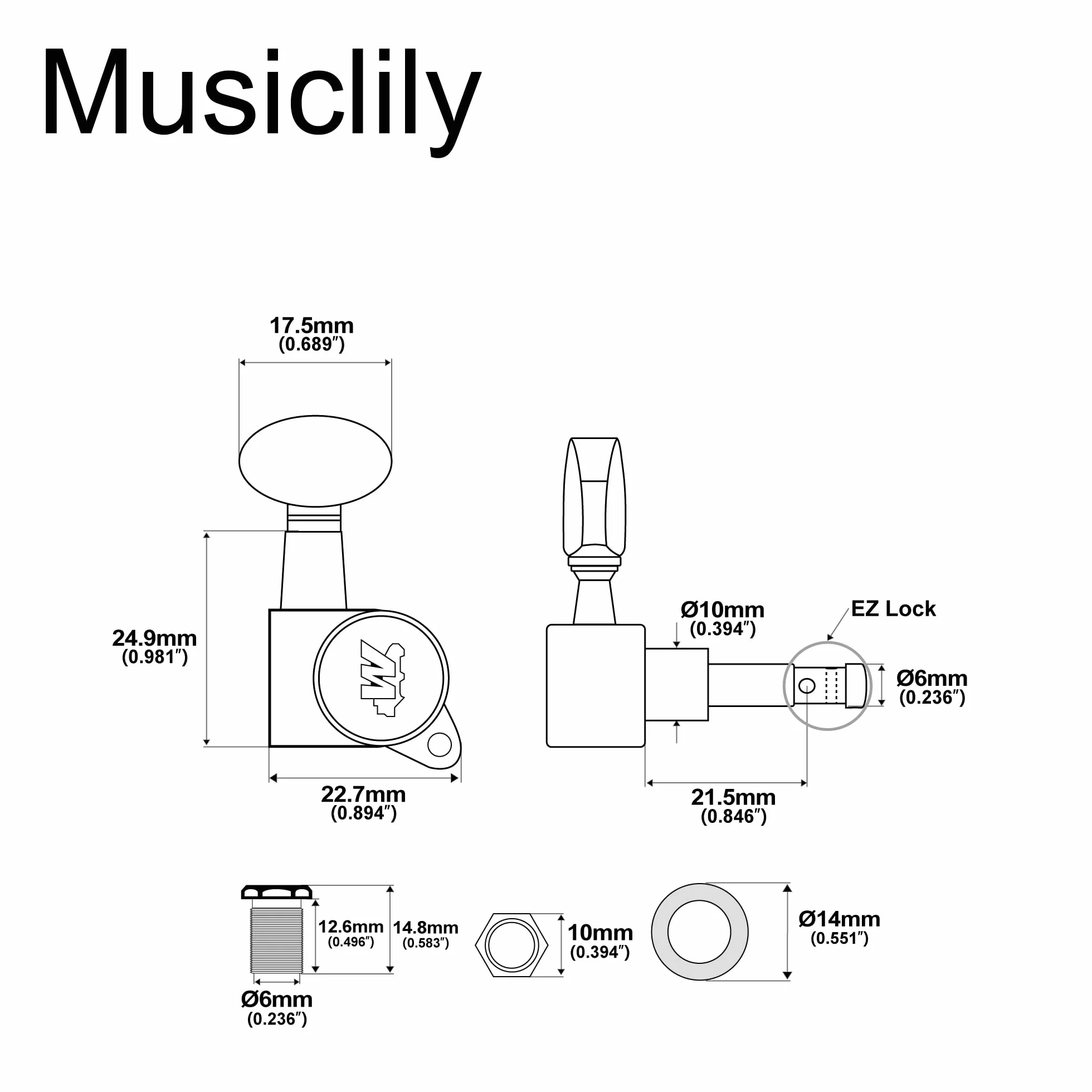 Wilkinson 6 w Linii E-Z-LOK Klucze Gitaryowe do Gitary Elektrycznej Fender Strat/Tele, Chrom Mini Owalna Główki
