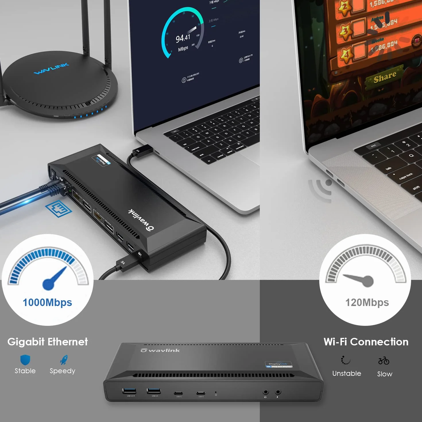 WAVLINK Uniwersalna stacja dokująca USB C 60 W, zasilanie obsługuje podwójne wyjścia wideo 4K (DisplayPort i HDMI, Gigabit Ethernet, wyjście audio i mikrofon, 4 USB 3.0 i 2 porty USB C)