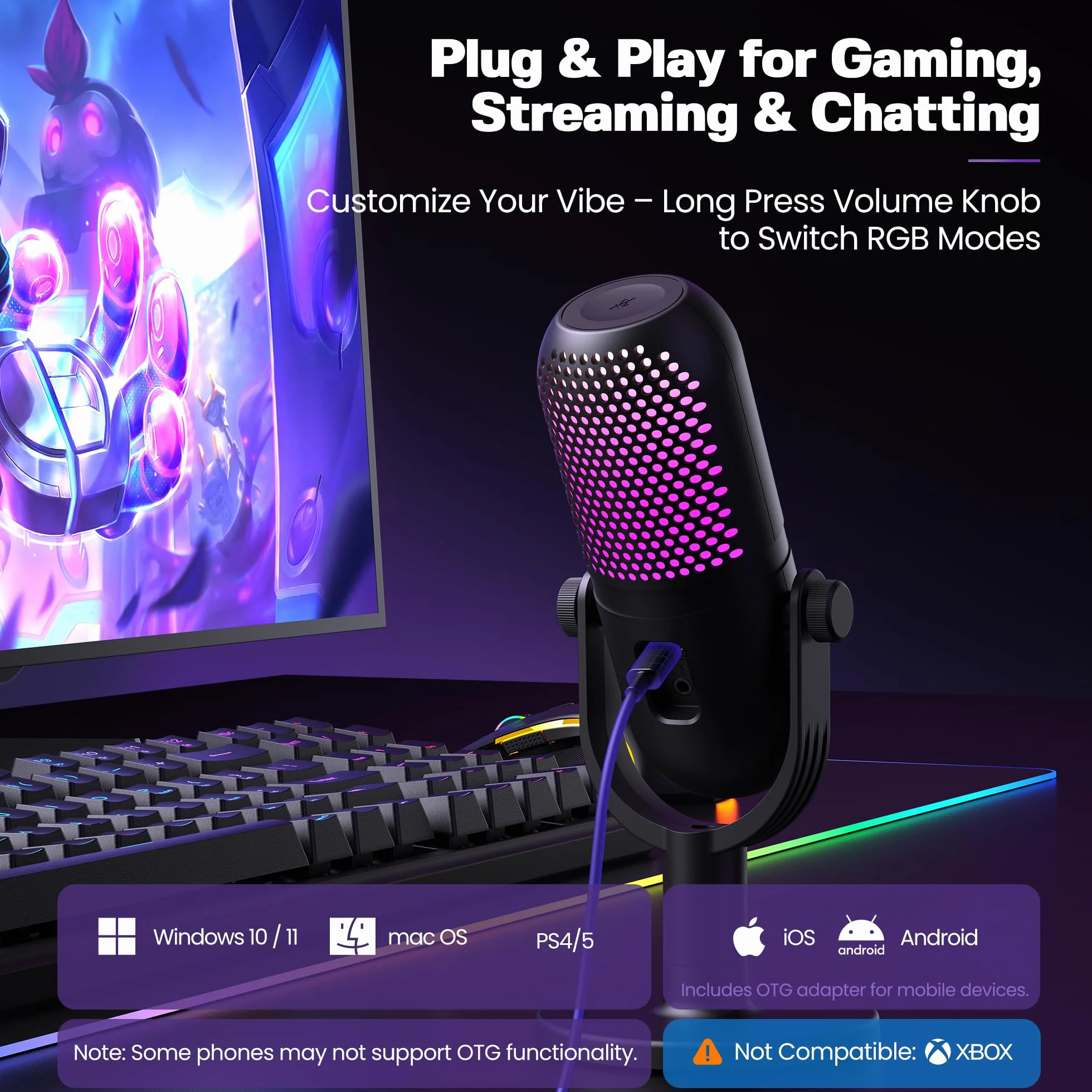 Mikrofon USB do gier komputerowych: mikrofon pojemnościowy RGB z mikrofonem stojącym - mikrofon do nagrywania do komputera i laptopa z szybkim wyciszeniem - mikrofon biurkowy do podcastów, śpiewania i