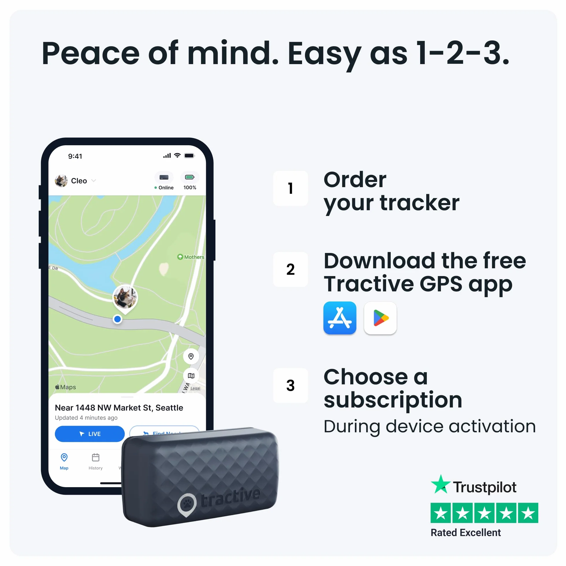 Tractive Smart Cat Tracker Mini zestaw z gumowym uchwytem, nr 1 Cat GPS, śledzenie lokalizacji w czasie rzeczywistym, historia terytorium i lokalizacji, obroża bezpieczeństwa w zestawie