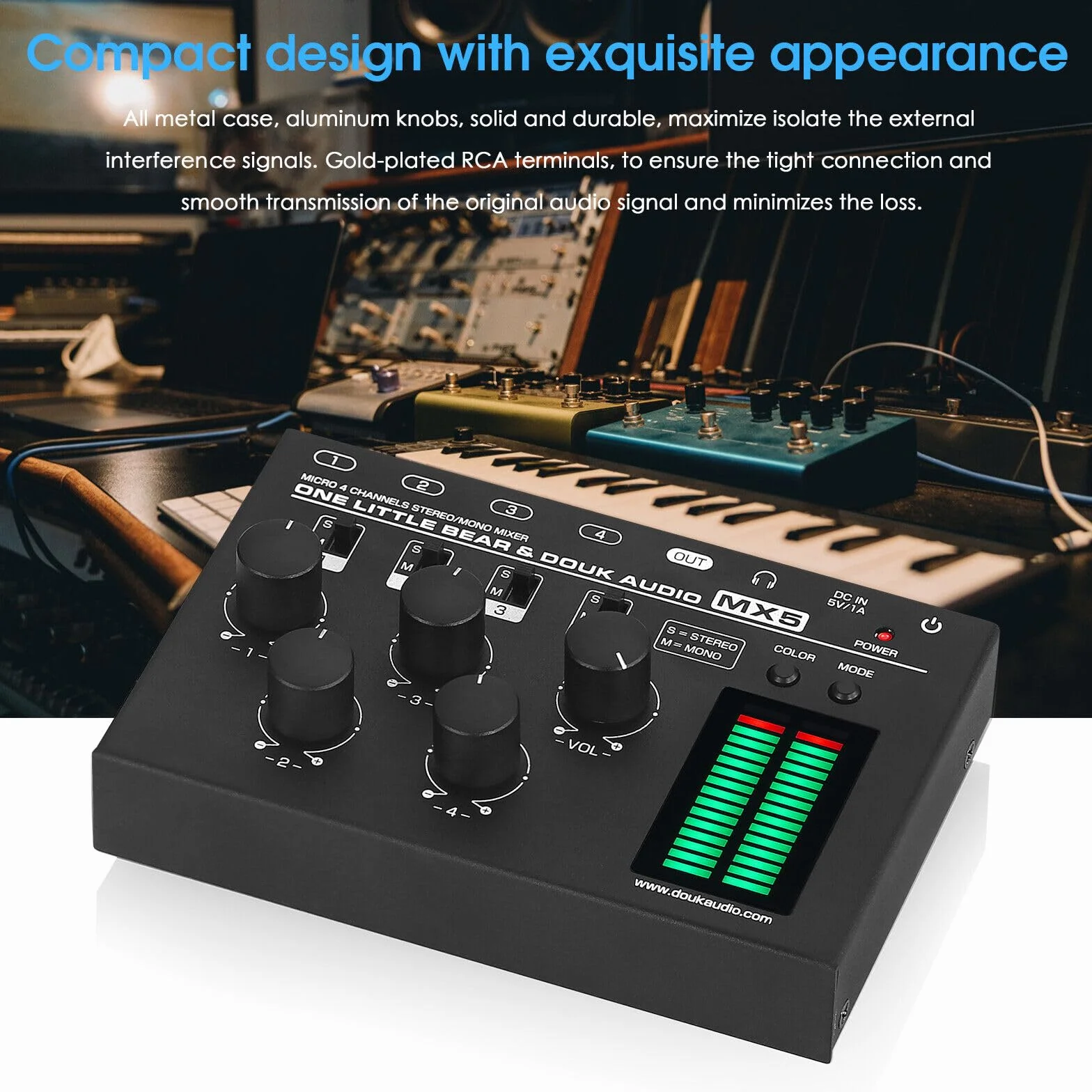 Douk Audio MX5 Mono/Stereo 4-kanałowy mikser audio, ultra cichy mikser liniowy, miernik poziomu LED
