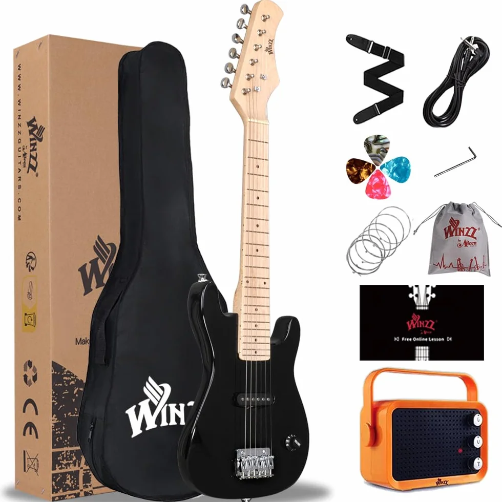 Winzz Mini gitara elektryczna dla dzieci, klon, podstrunnica, gitara elektryczna, zestaw dla początkujących, dla dzieci z wzmacniaczem (czarny), EGM100