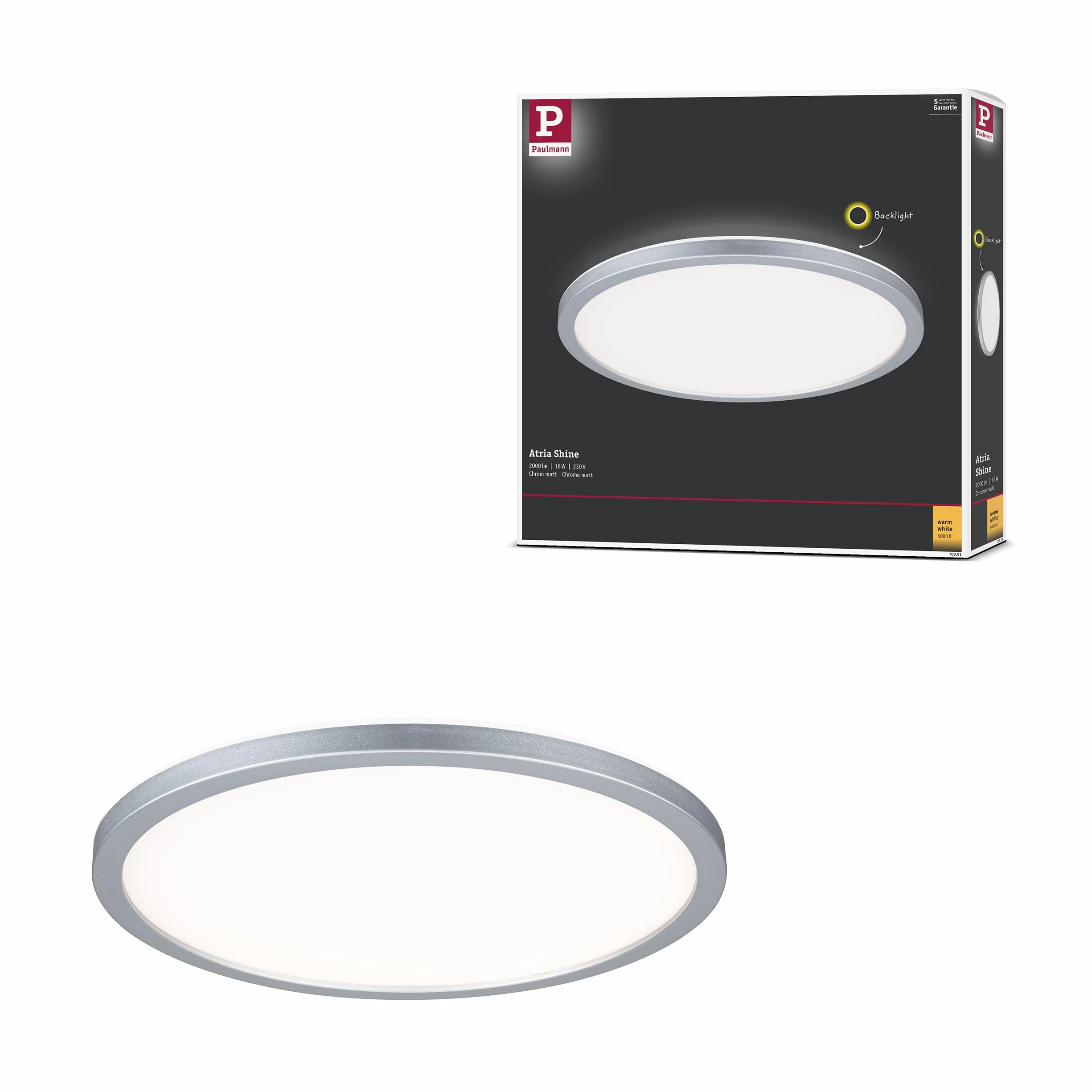 Paulmann 70991 Panel LED Atria Shine 293mm okrągły z 1x16 W ciepły biały chrom matowy panel świetlny plastikowy panel sufitowy 3000 K
