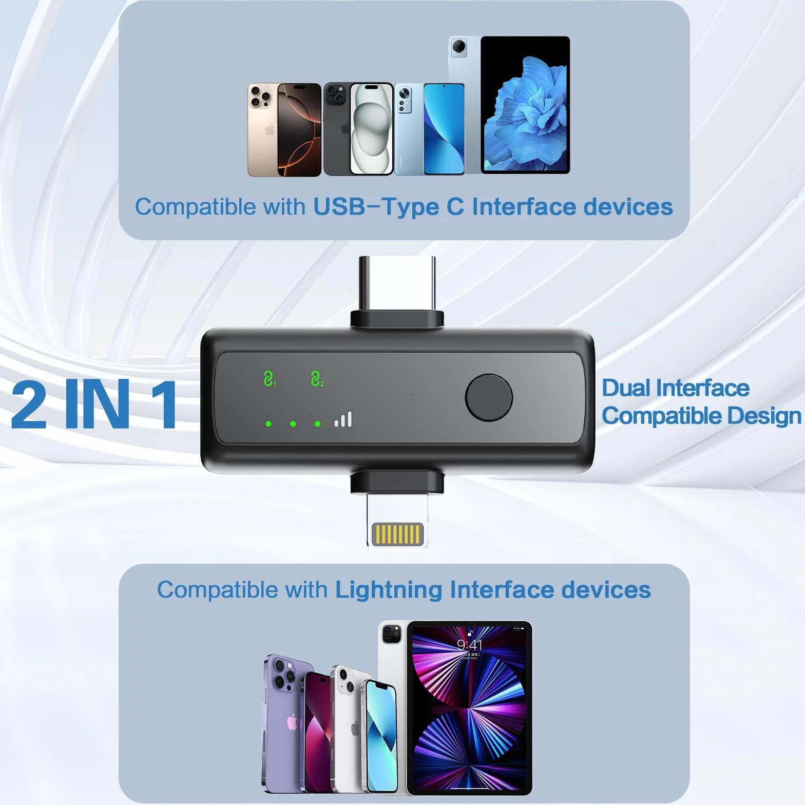 Bezprzewodowy mikrofon do iPhone'a, iPada, Androida (Lightning/USB C), podwójne mikrofony i etui ładujące z cyfrowym wyświetlaczem, inteligentna redukcja szumów, bateria 45H, zasięg 50 m do