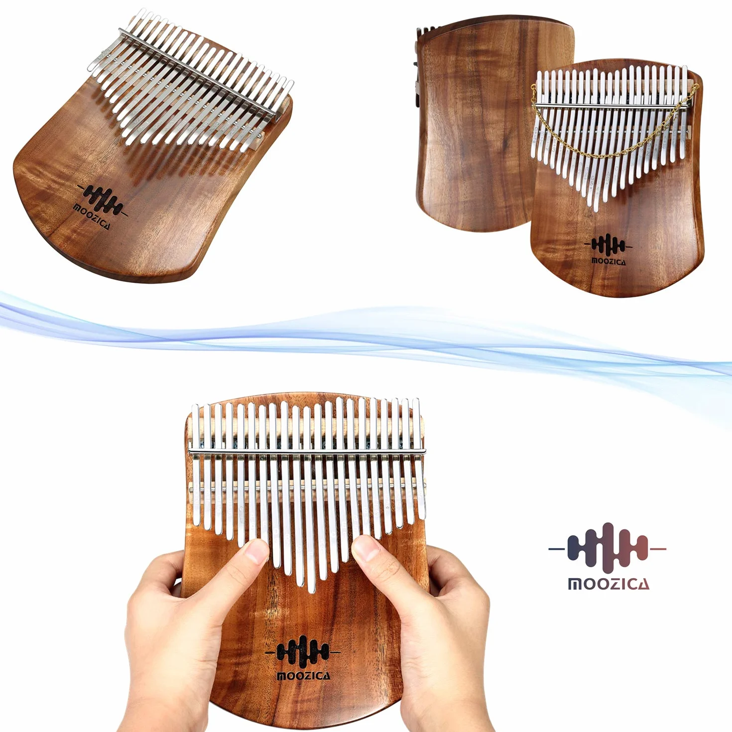MOOZICA Kalimba pianino kciukowe z 21 klawiszami z litego drewna koa, płaska płyta z litego drewna, profesjonalna kalimba-marimba z instrukcją nauki i torbą do przenoszenia (Akazie-Koa, 21 klawiszy)