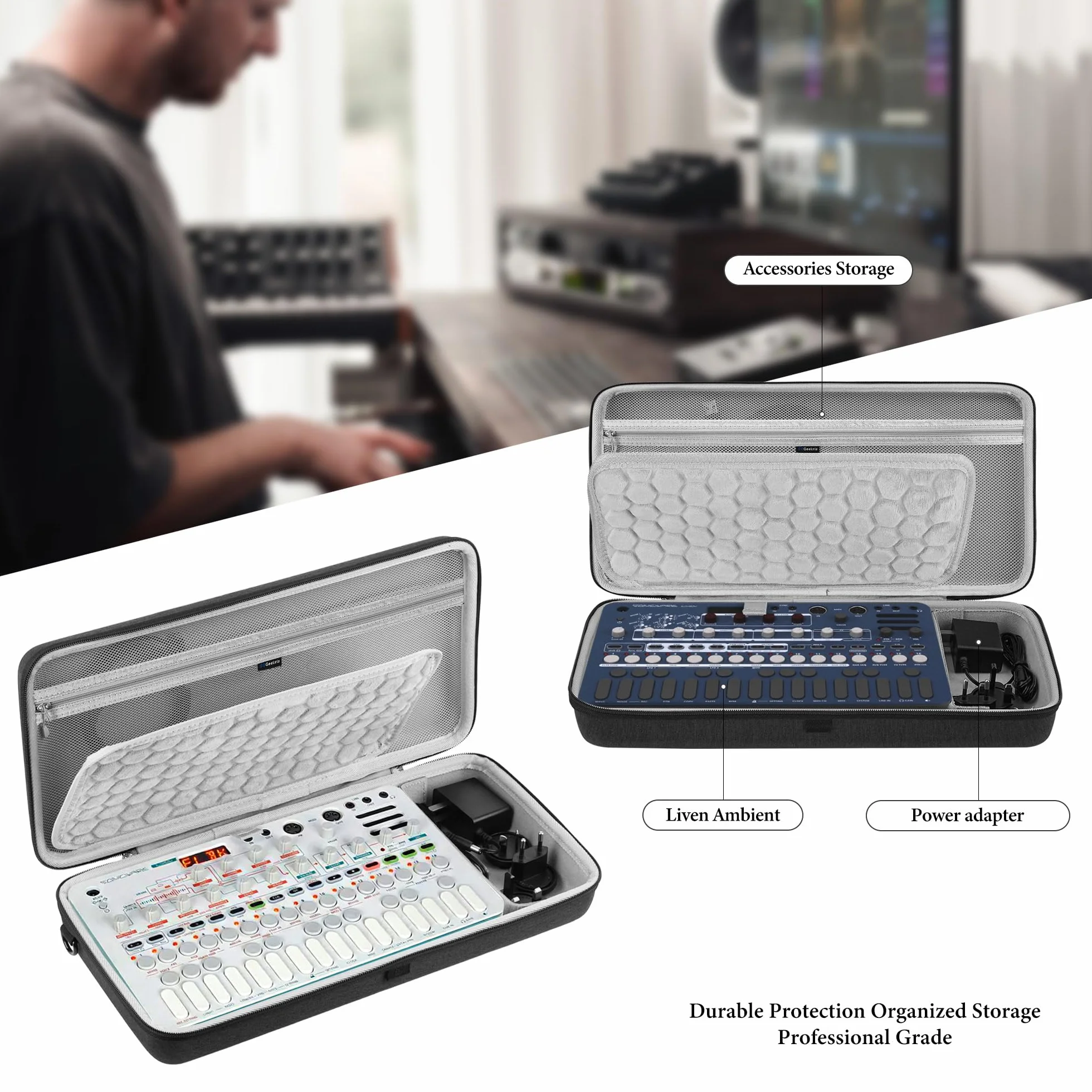 Geekria Etui transportowe na interfejs audio, kompatybilne z SONICWARE Liven Ambient Ø / 8bit Warps/MEGA SYNTHESIS/Texture Lab/XFM/Lofi-12, torba podróżna z twardą skorupą EVA (Ciemnoszary)