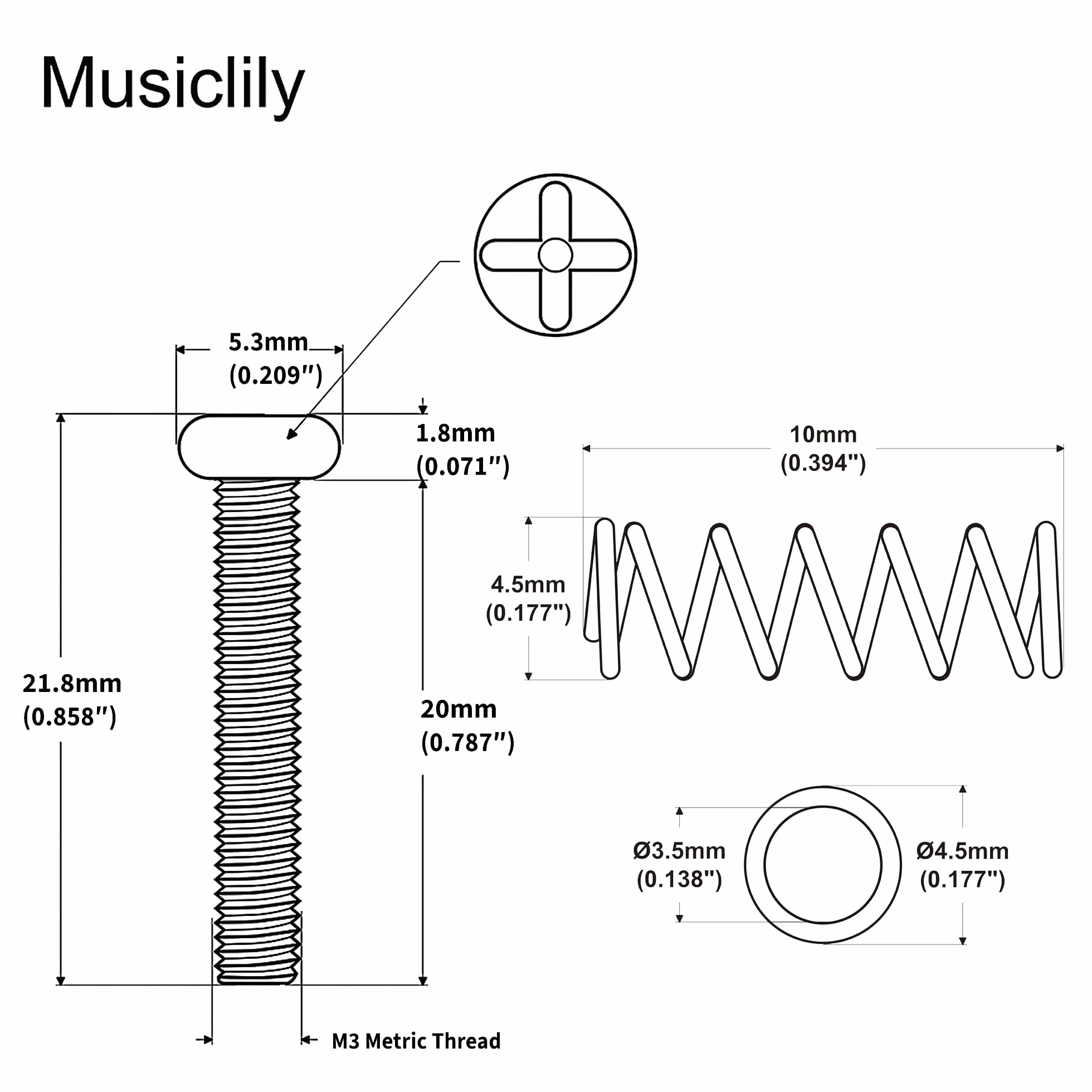 Musiclily Pro Metryczna M3X20mm Stal Nierdzewna Siodełko Intonacja Śruby i Sprężyny do Mostka Gitary Elektrycznej Import Tele Style, Oryginalny Kolor (6 szt.)