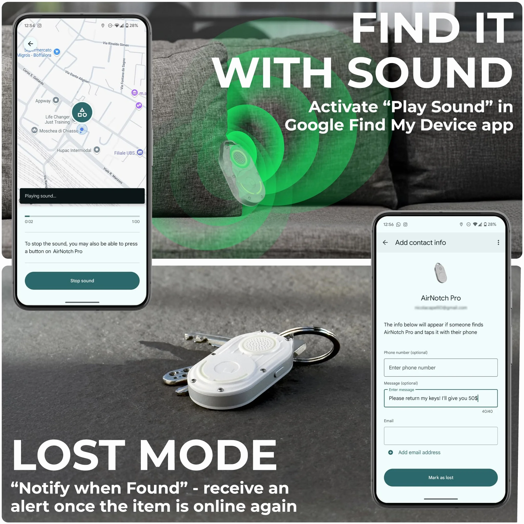 Rolling Square AirNotch Pro – tracker Bluetooth kompatybilny tylko z systemem Android Google Find Hub, brelok do kluczy, wymienne baterie, dźwięk 360°, inteligentny znacznik, świecący w ciemności