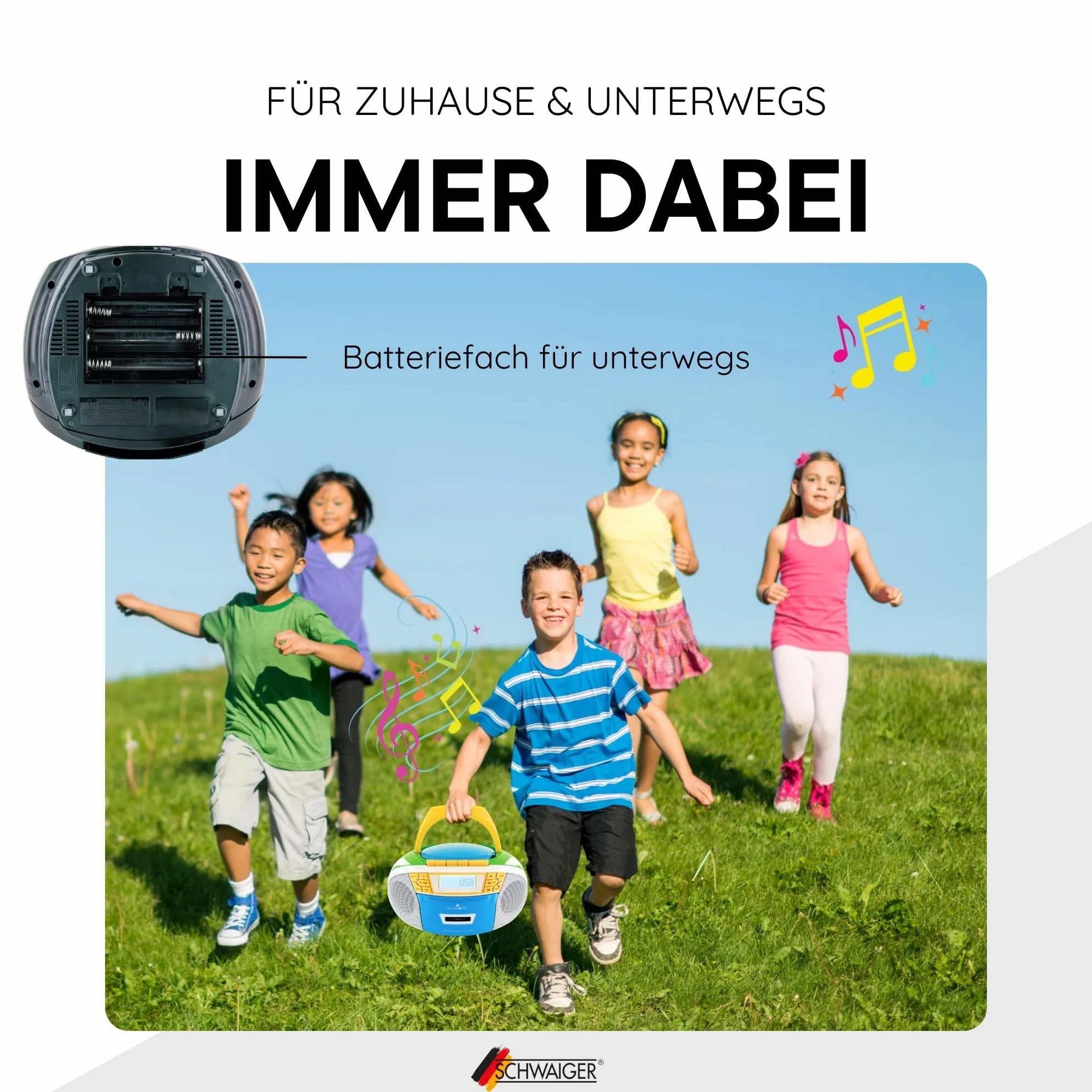 SCHWAIGER -658026- Przenośny odtwarzacz CD z kasetami i radiem | MP3 | Złącze USB | Radio FM | Słuchawki AUX | Boombox | Stereo | do domu i w podróży | Zasilanie sieciowe i akumulatorowe | Wyświetlacz