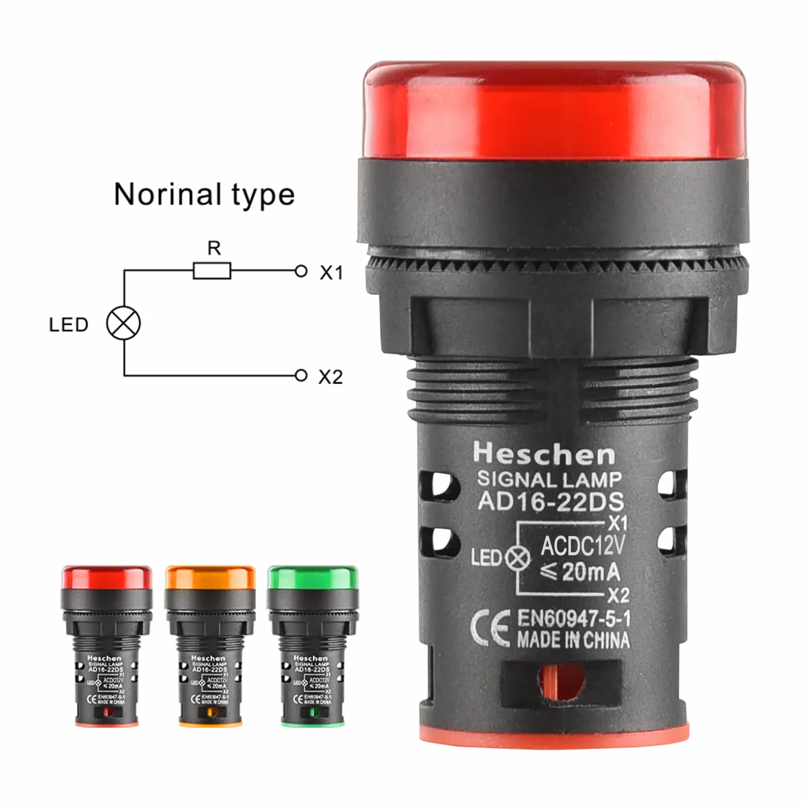 Heschen Lampka kontrolna LED 22 mm, AD16-22D/S, 12 V DC, 20 mA, czerwony zielony żółty kolor światła, 3 szt