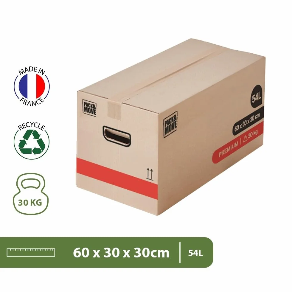 Pack And Move - Zestaw 40 kartonów przeprowadzkowych premium - 60 x 30 x 30 cm - ekstremalna wytrzymałość 25 kg - wielokrotnego użytku - podwójna grubość - wzmocnione uchwyty - 2 naklejki w zestawie