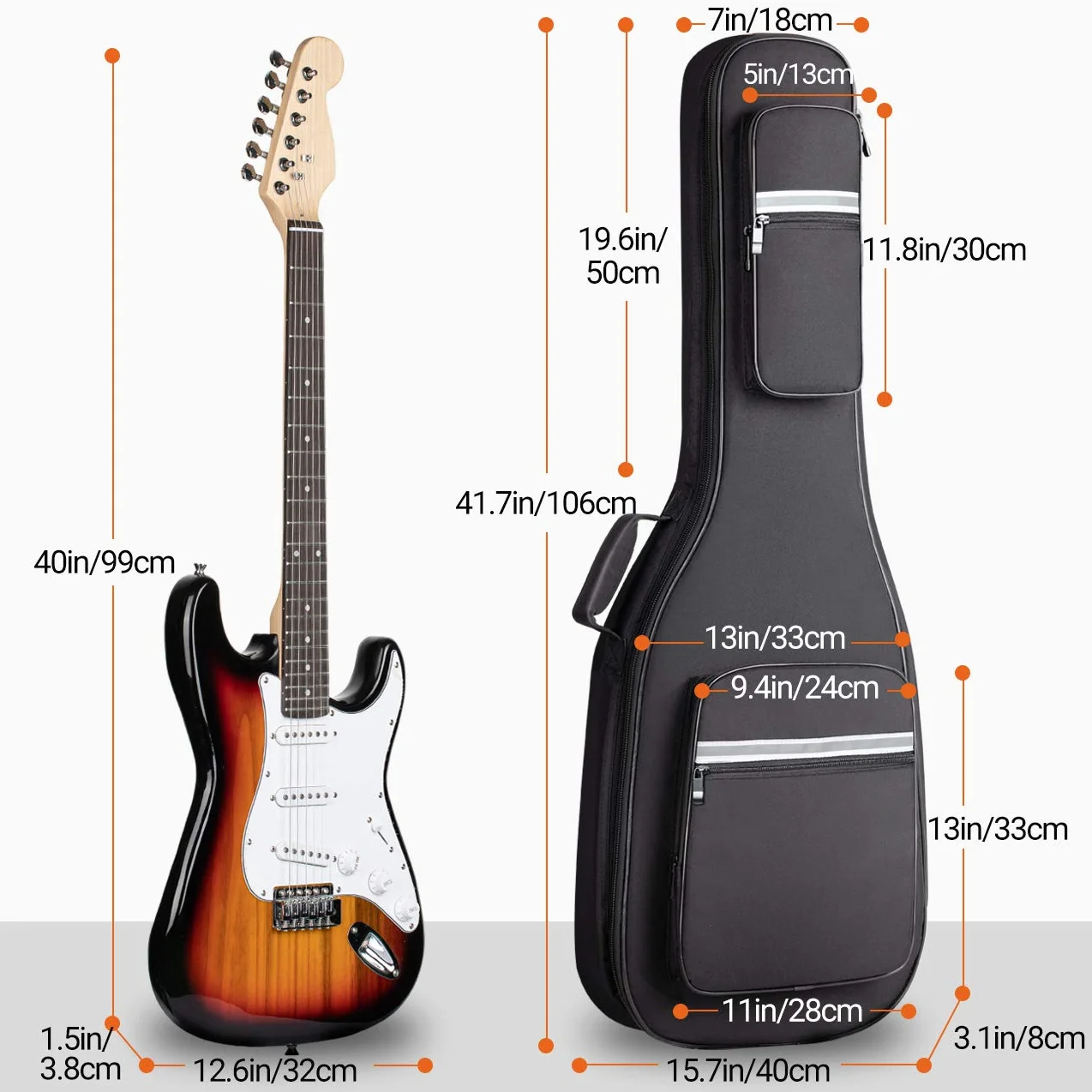 CAHAYA Wysokiej jakości wyściełany pokrowiec na gitarę elektryczną, ochraniacz Gig Bag ok. 12 mm z paskami odblaskowymi, czarny CY0201, czarny, Rembourrage de 12 mm, Nowoczesny