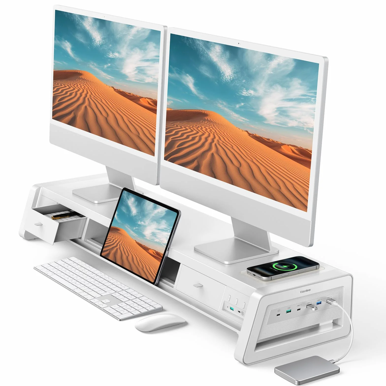 VAYDEER Podpórka pod monitor z 2 monitorami [Multi-USB] [podstawka na telefon komórkowy] [szuflada] [organizer na kable] [4 tryby LED] akcesoria do biurka, do laptopa, komputera, 50 kg (biała)