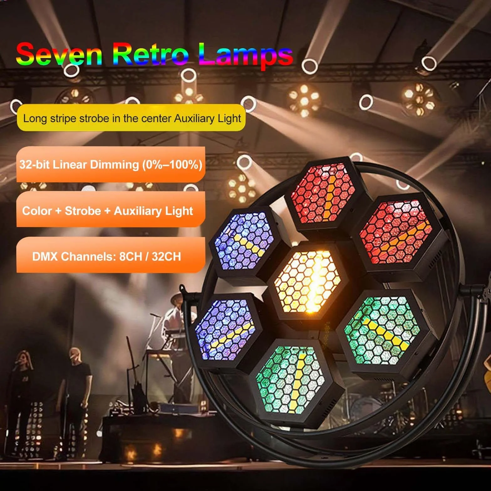 Sześciokątne retro lampy sceniczne COB o mocy 7X50 W, profesjonalne lampy sceniczne w stylu retro, oświetlenie z efektem matrycowym 63 * RGBW + 7 * COB, sterowanie DMX na scenach Wesele.