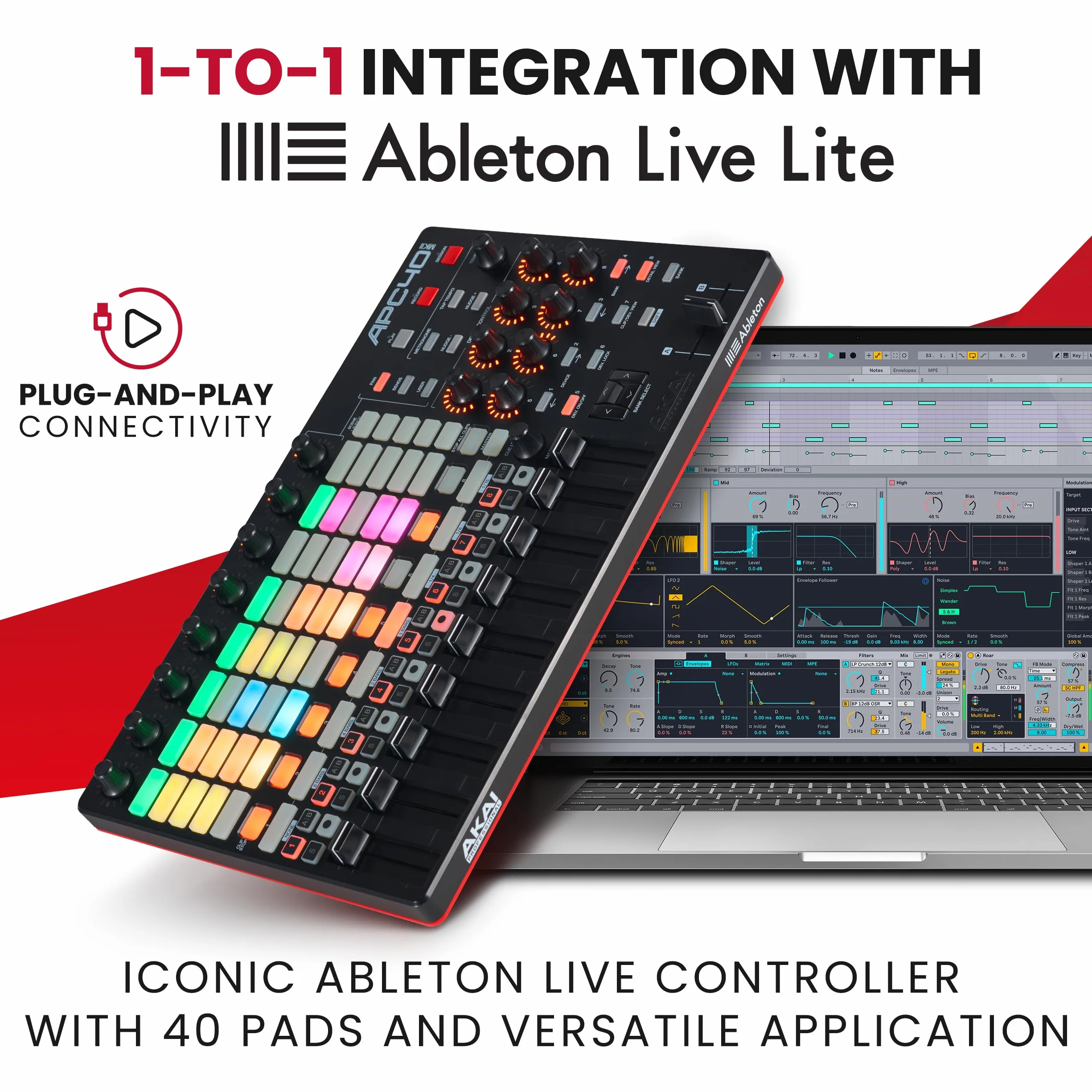 Akai Professional APC40 MKII - Kontroler MIDI USB, mapowanie 1:1 z Ableton Live Lite, Matryca do Klipów 5x8, Pokrętła i Fader, Pakiet Oprogramowania